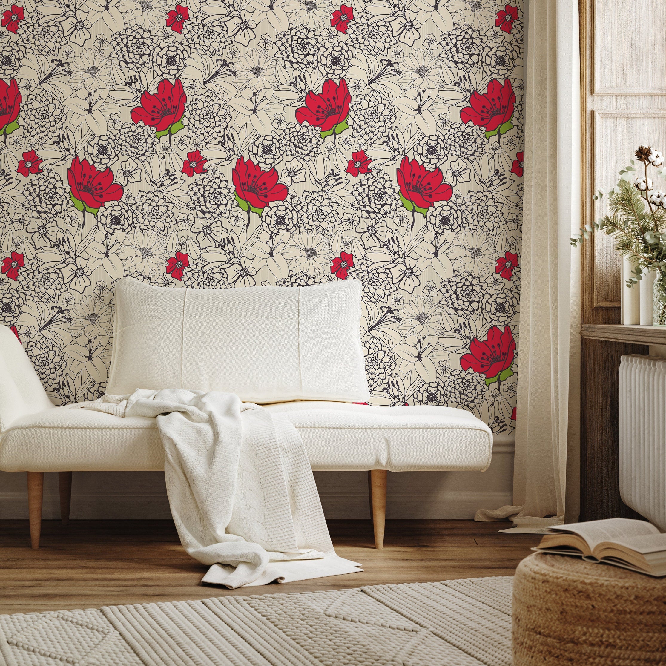 Floral Wallpaper With A Graphic Line Art Motif In Red, Black, And Beige - A138