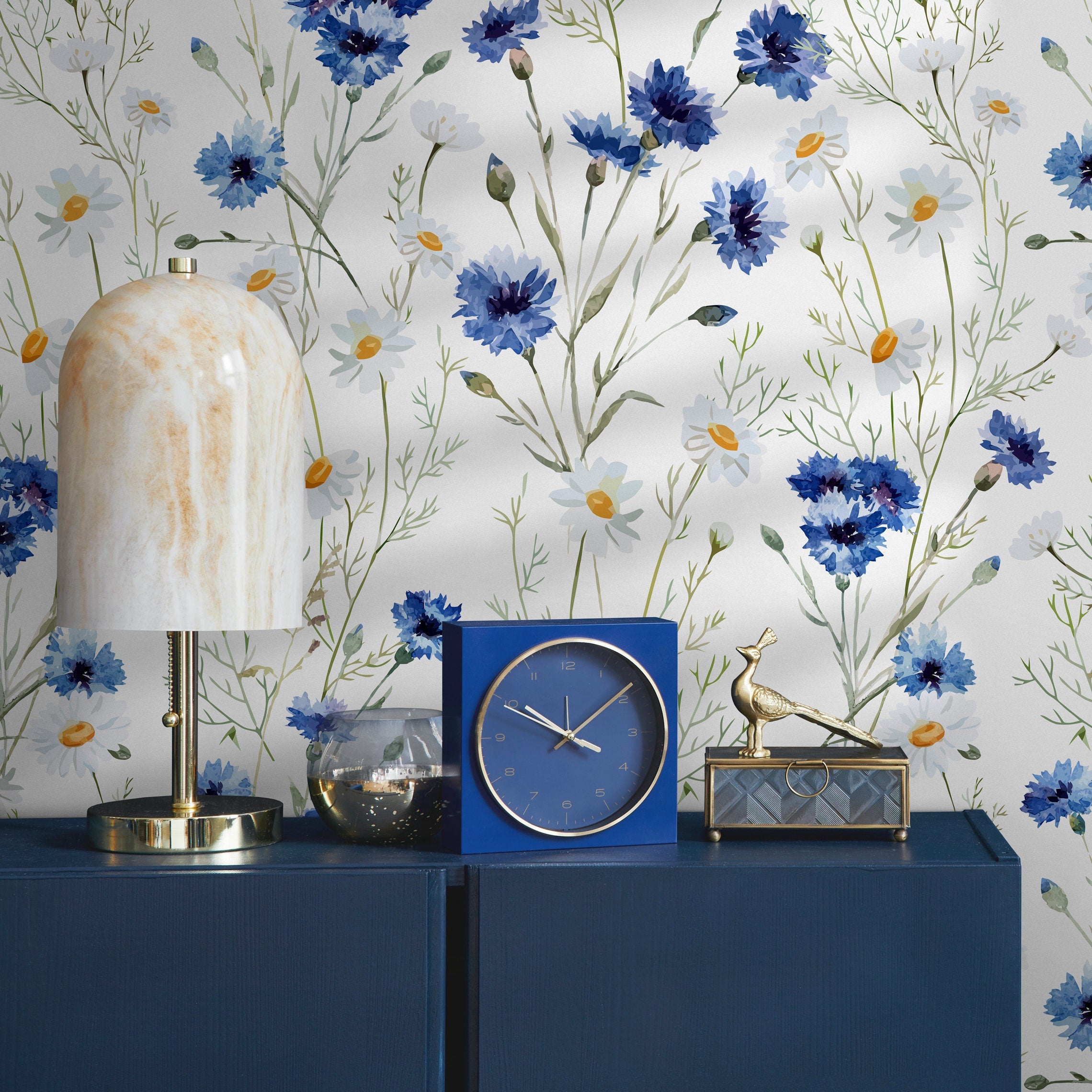 Floral Wallpaper With Cornflowers And Daisies In Blue And Green - A143