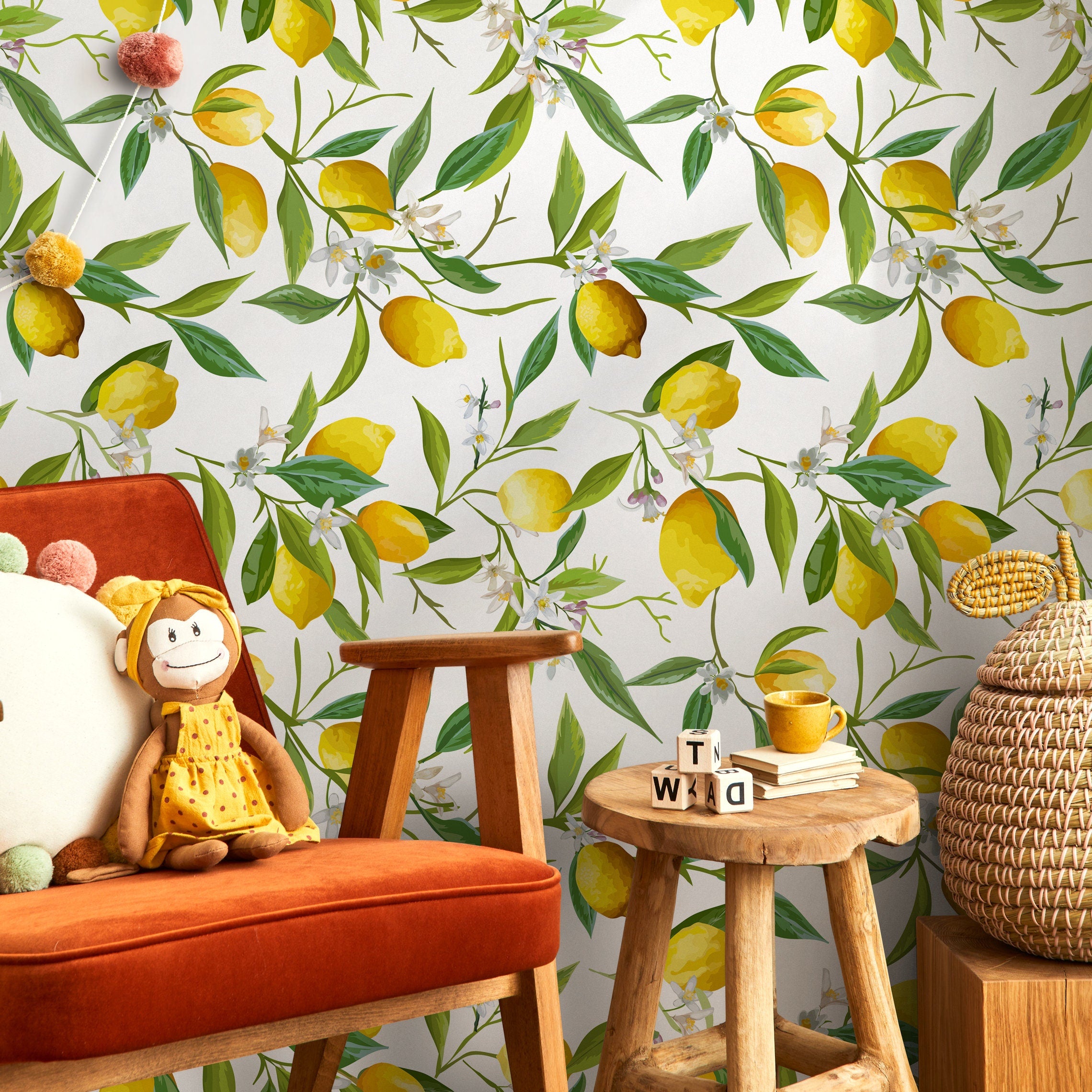 Botanical Wallpaper With A Fresh Lemon Tree Motif In Yellow And Green - A146