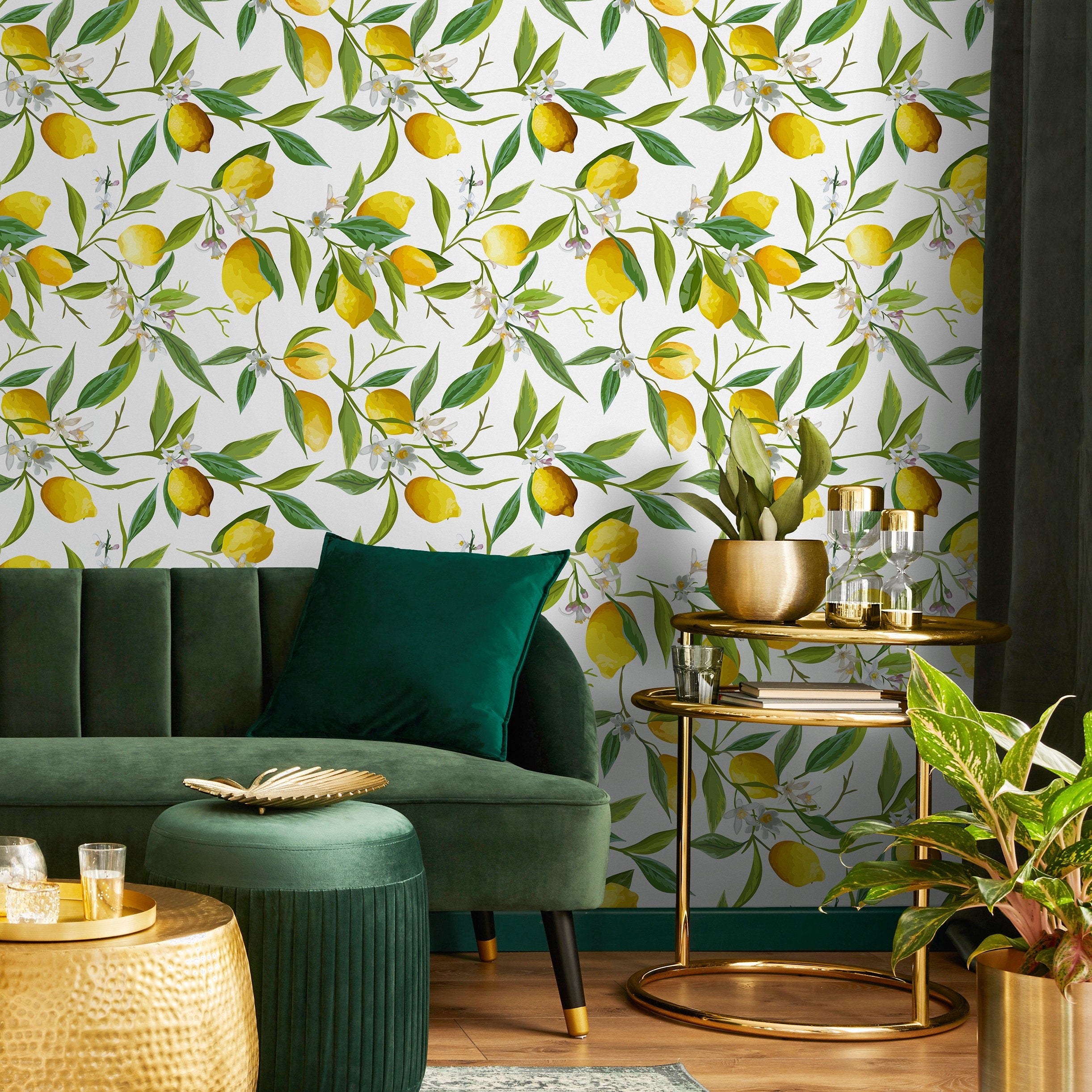 Botanical Wallpaper With A Fresh Lemon Tree Motif In Yellow And Green - A146