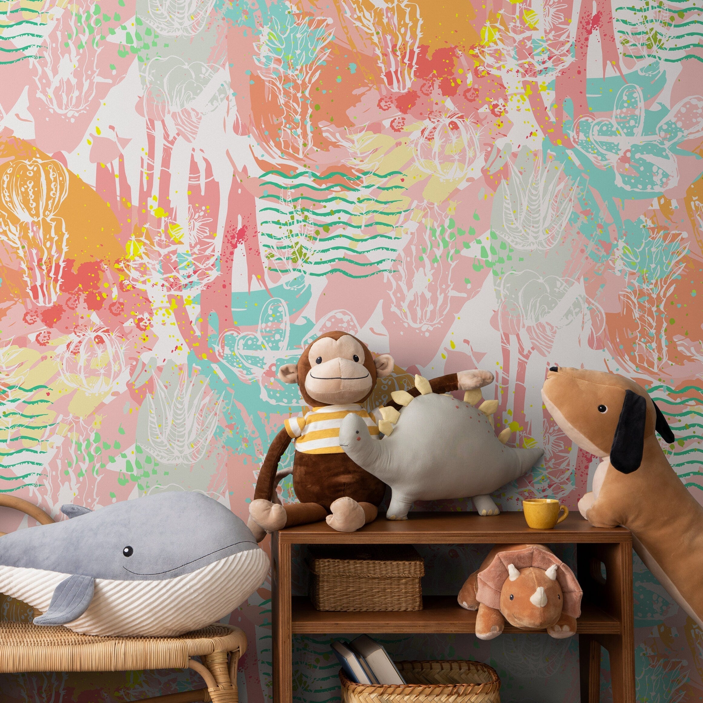 Abstract Wallpaper With A Colorful Cactus Collage In Pink, Orange, And Teal - A201