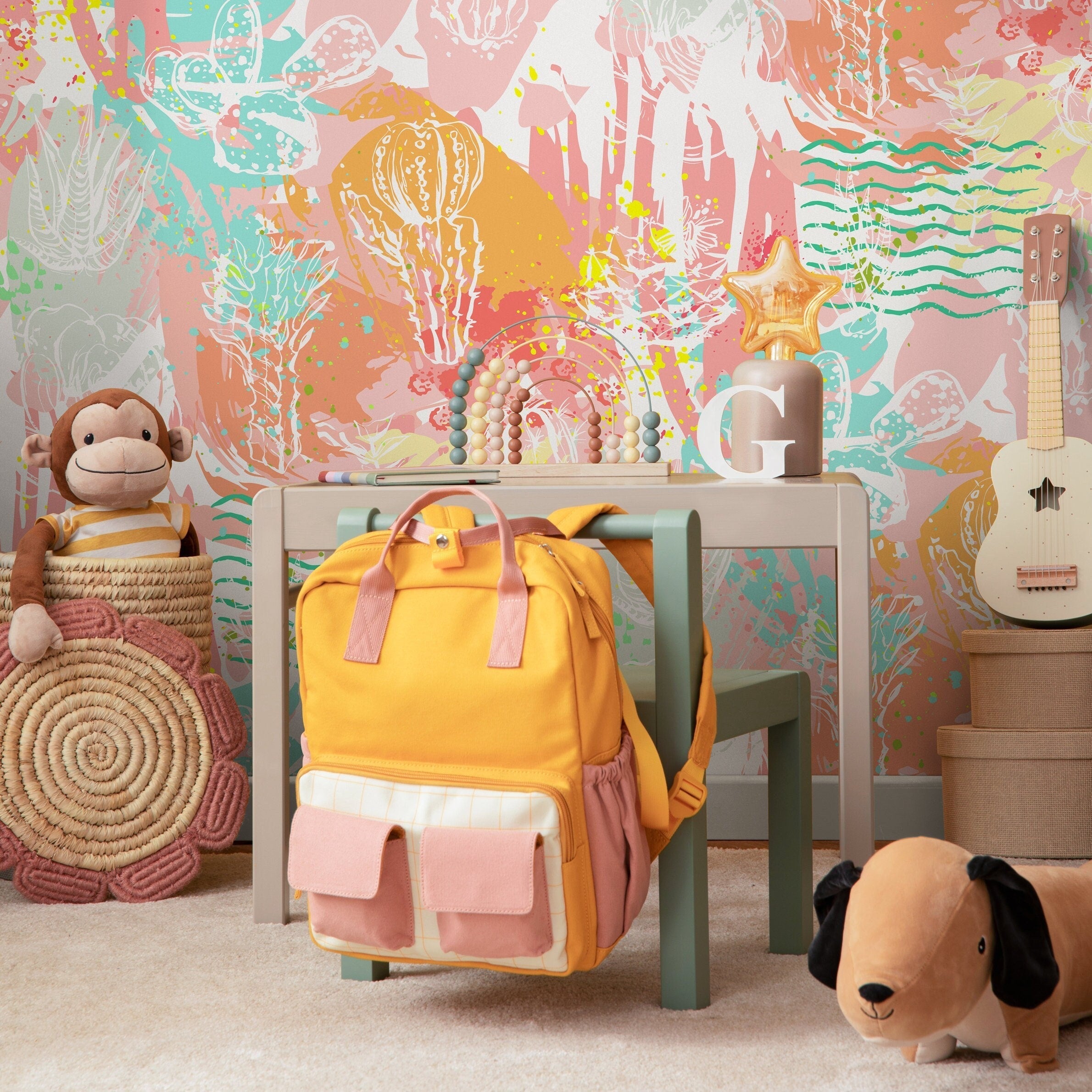 Abstract Wallpaper With A Colorful Cactus Collage In Pink, Orange, And Teal - A201