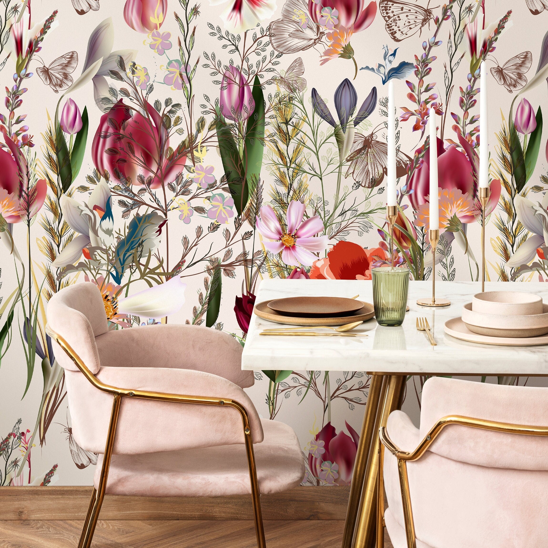 Botanical Wallpaper With Tulips, Poppies, And Butterflies In Red, Pink, And Purple - A212