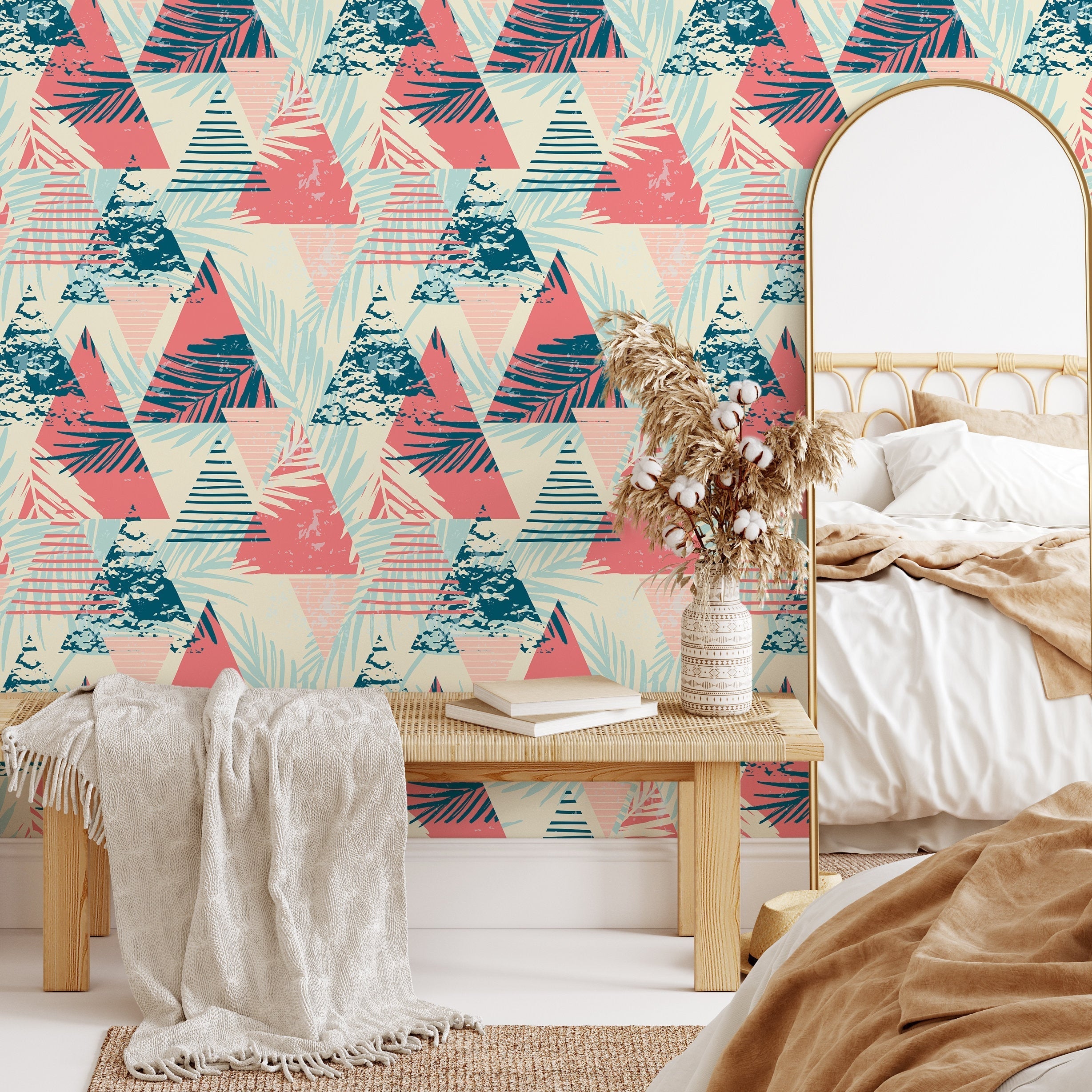 Abstract Wallpaper With A Tropical And Geometric Motif In Coral And Teal - A074