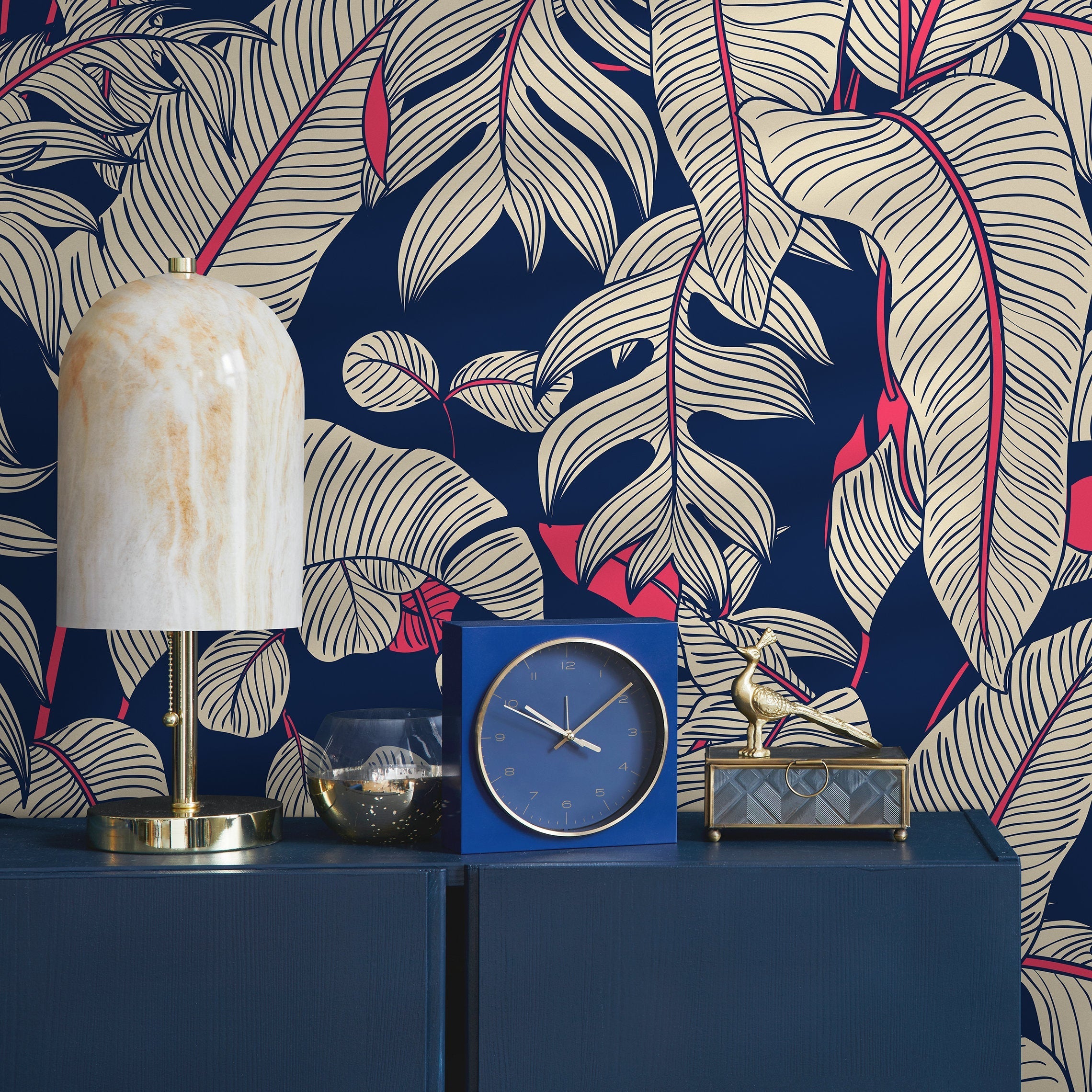 Tropical Wallpaper With Stylized Banana Leaves In Navy Blue, Beige, And Red - A023