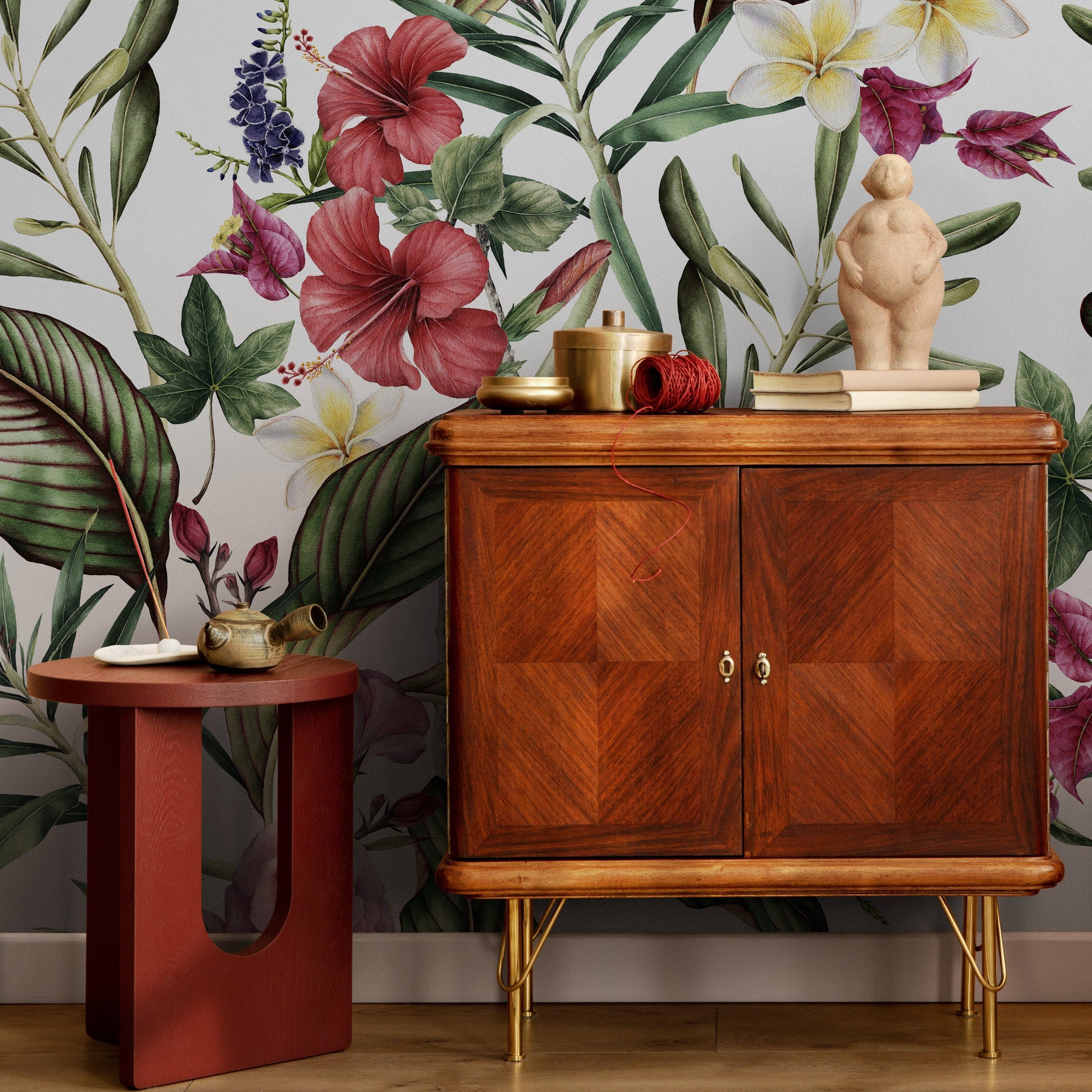 Botanical Wallpaper With Tropical Hibiscus And Plumeria In Red, Pink, And Green - A203