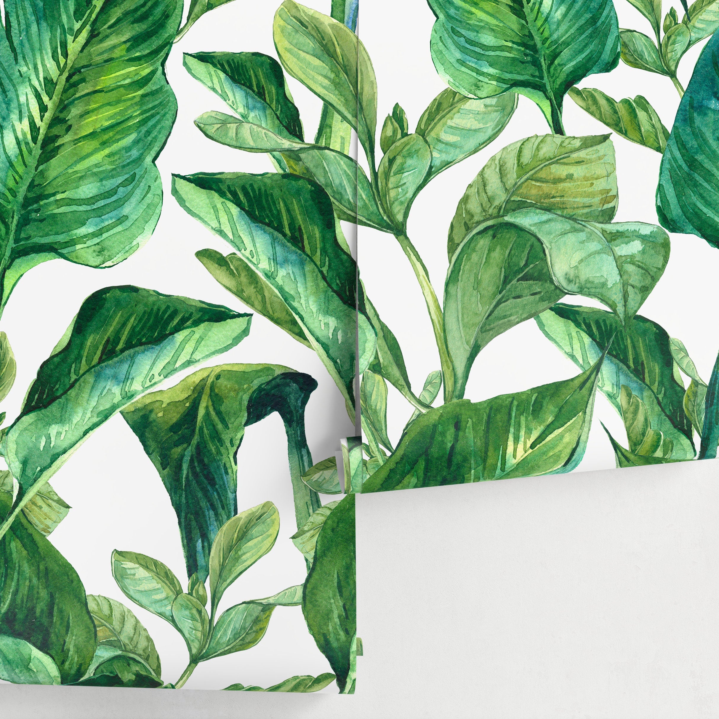 Botanical Wallpaper Featuring Watercolor Tropical Leaves In Green - A205