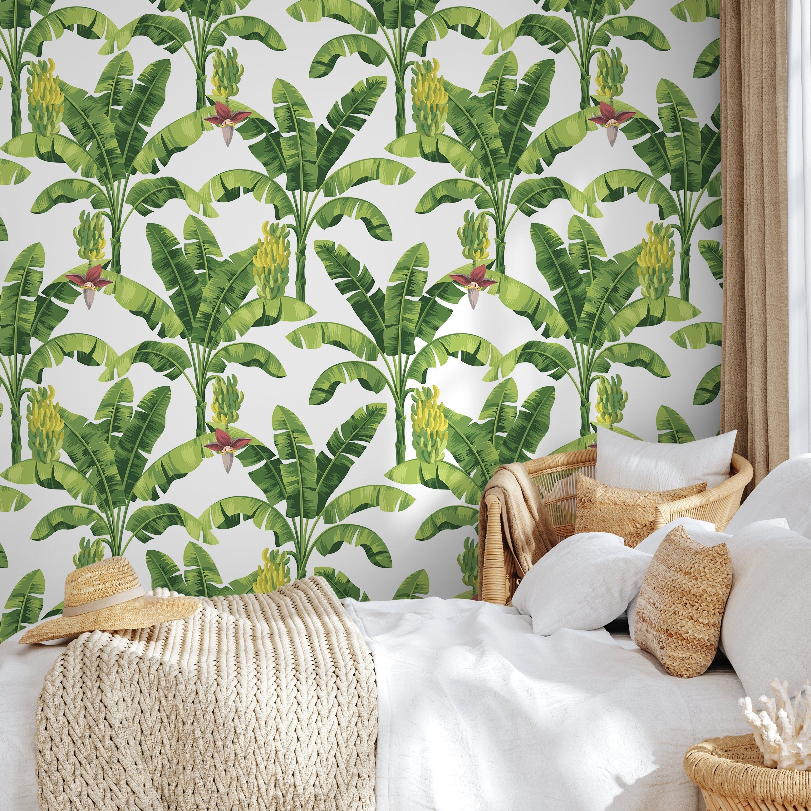Tropical Wallpaper Featuring Banana Trees And Blossoms In Green, Yellow, And Red - A207