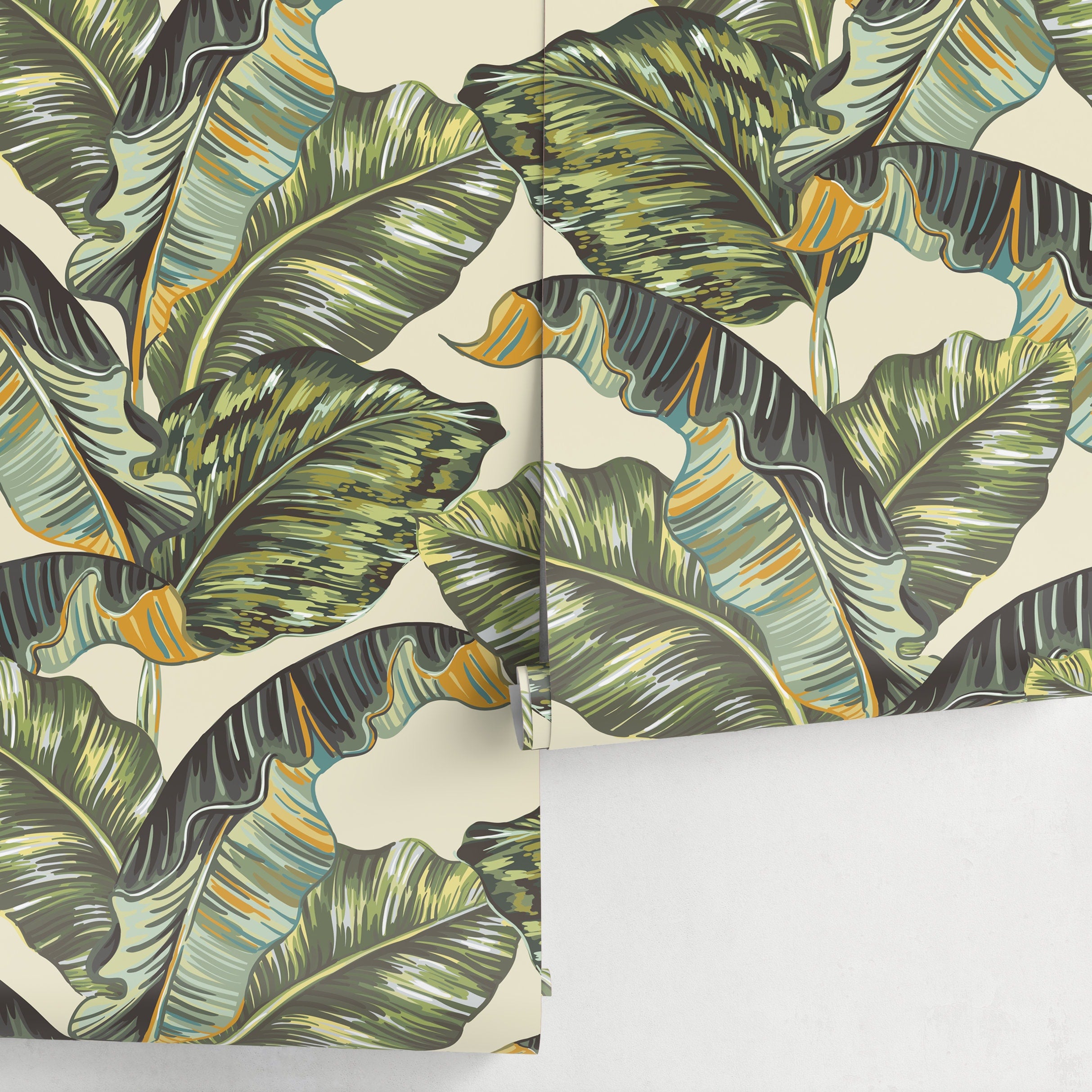 Tropical Wallpaper With Stylized Banana Leaves In Green, Yellow, And Blue - A218