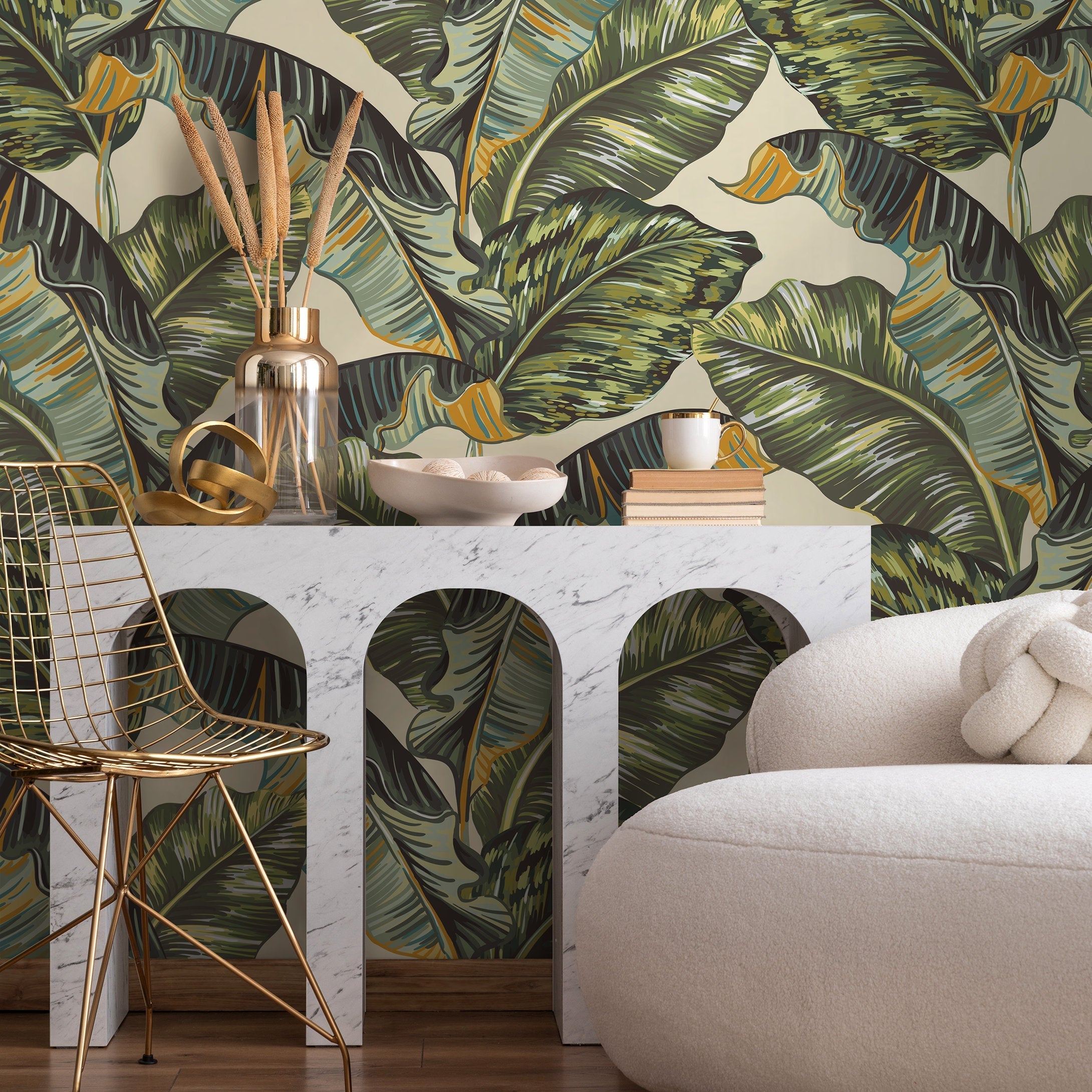 Tropical Wallpaper With Stylized Banana Leaves In Green, Yellow, And Blue - A218