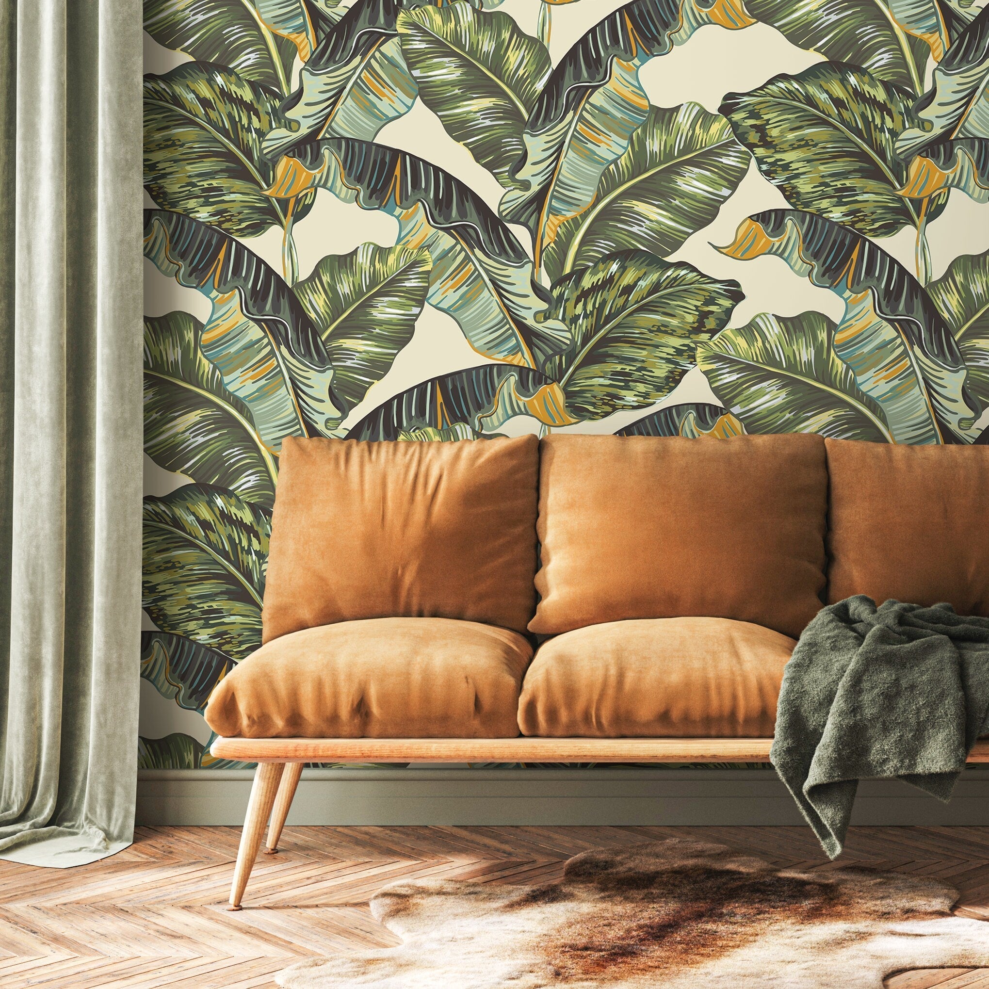 Tropical Wallpaper With Stylized Banana Leaves In Green, Yellow, And Blue - A218