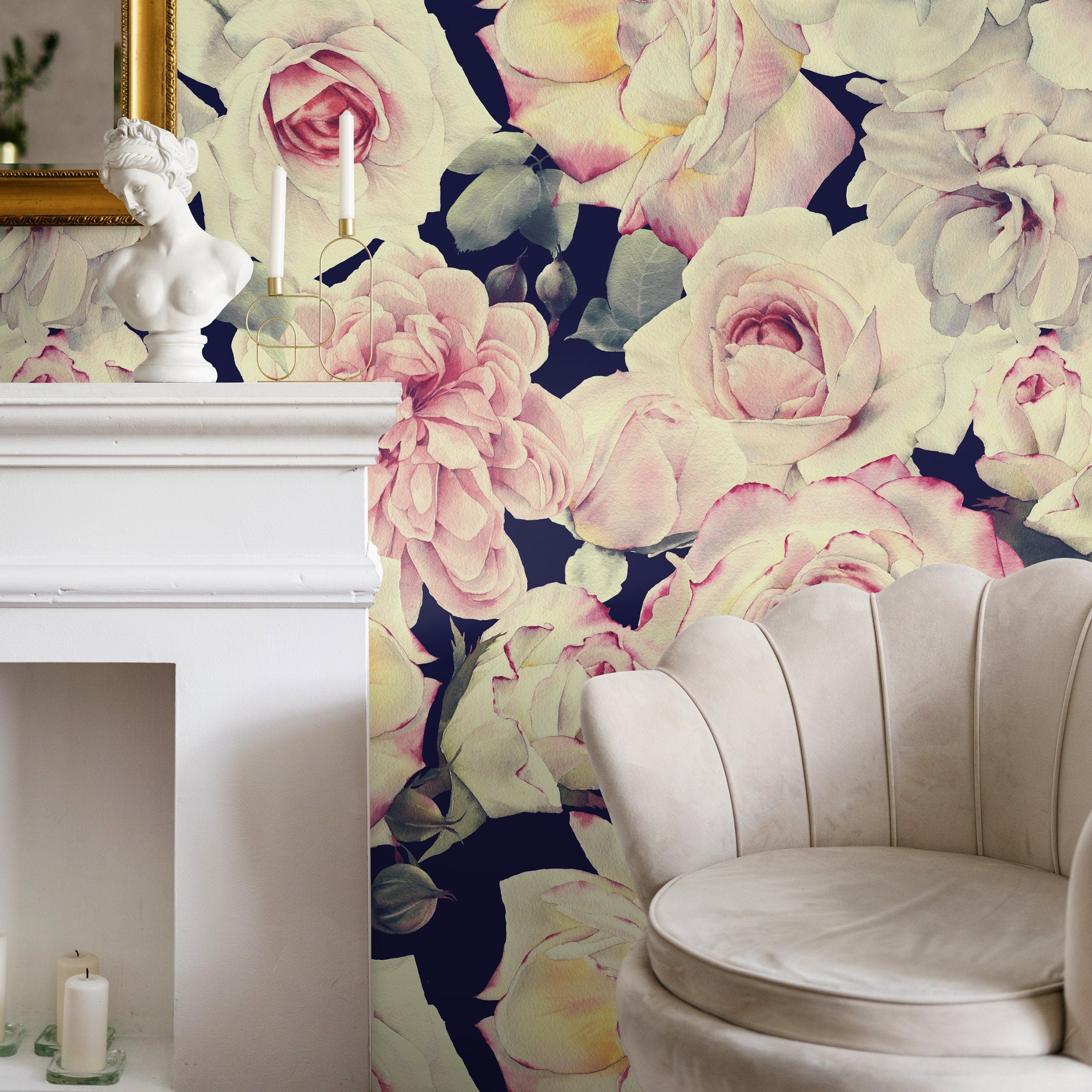 Floral Wallpaper With A Vintage Rose Motif In Pink And Blue - A221