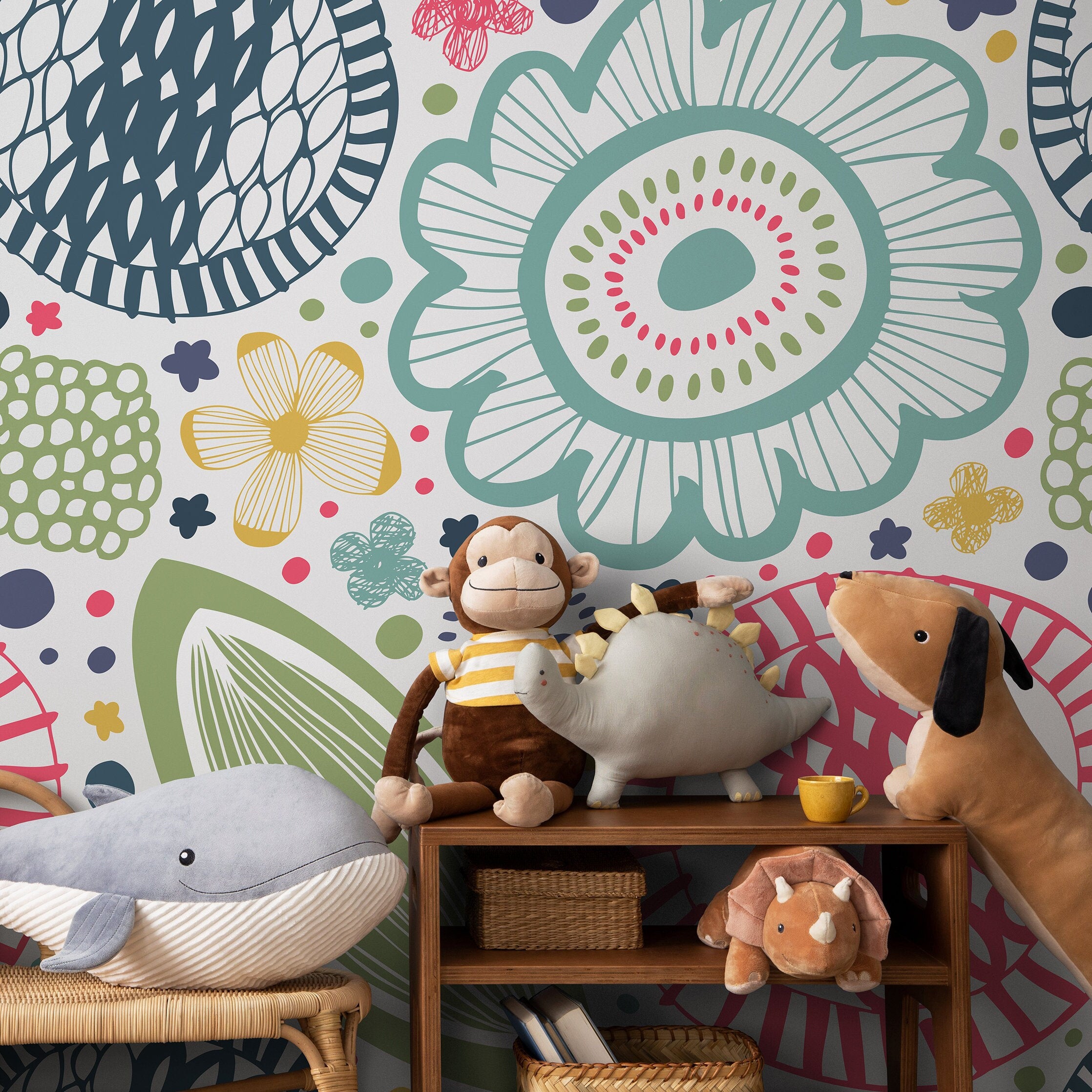 Floral Wallpaper Featuring Whimsical Folk Art In Blue, Teal, And Pink - A229