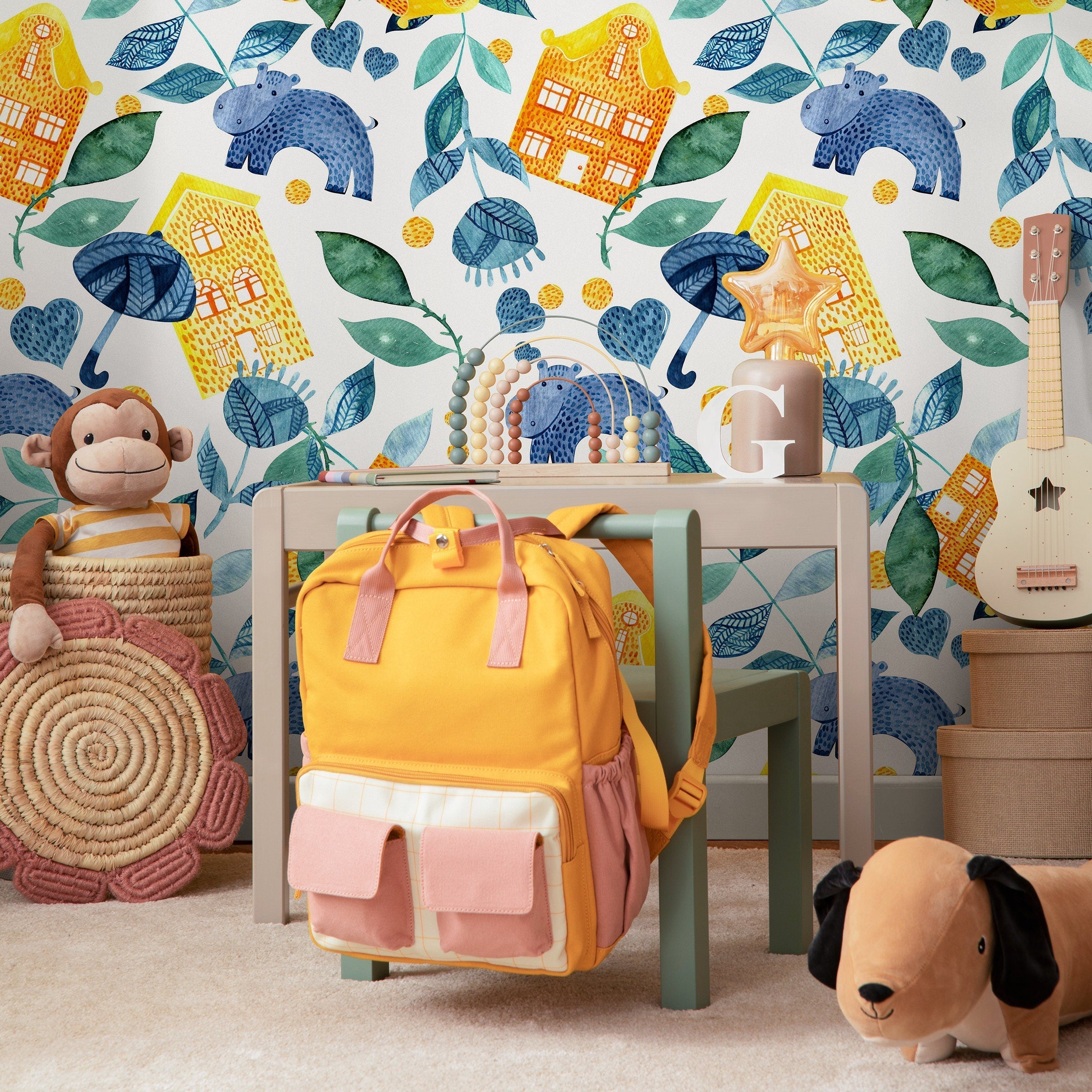 Nursery Wallpaper With Watercolor Hippos And Houses In Blue, Yellow, And Green - A230