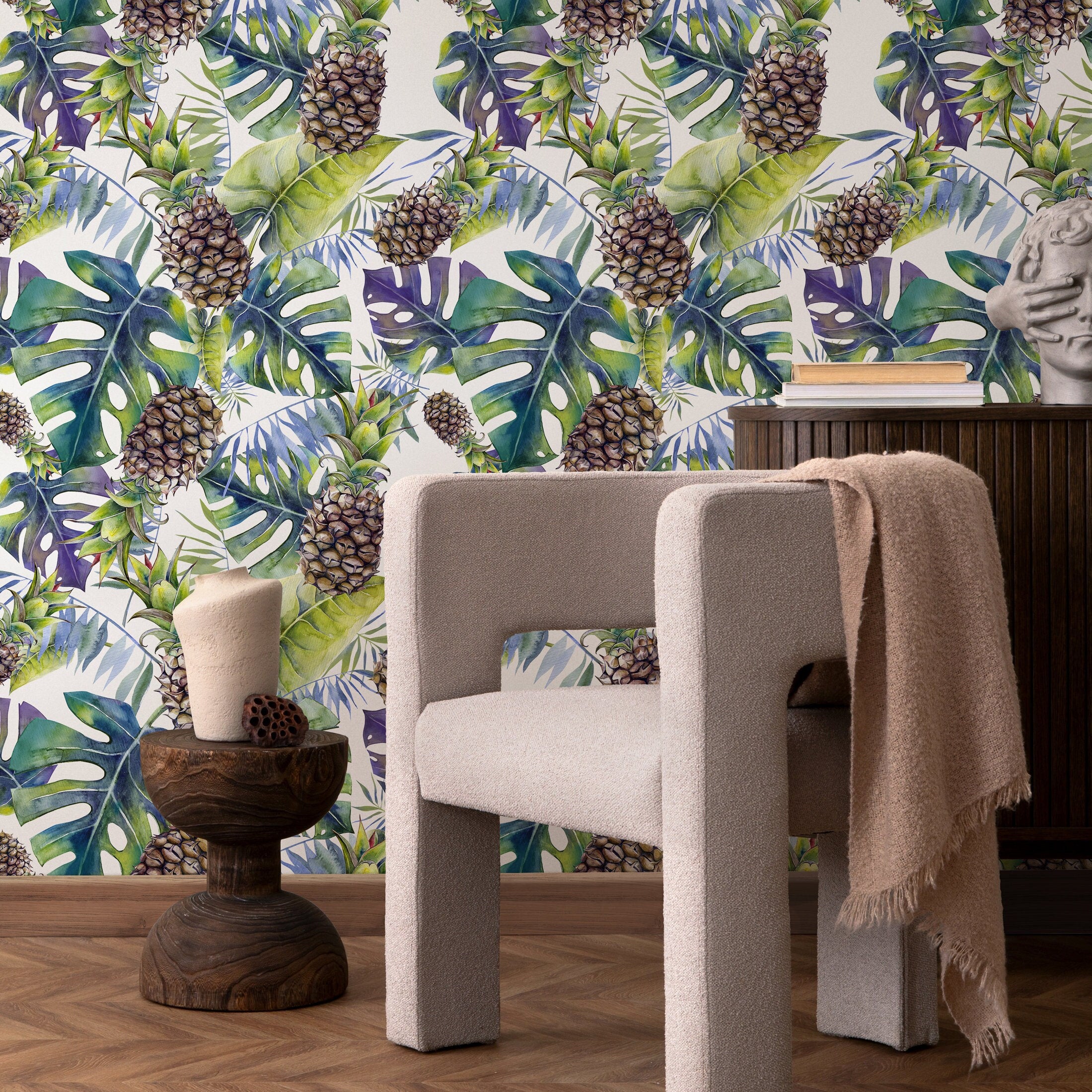 Tropical Wallpaper With Monstera And Pineapples In Green And Purple - A232