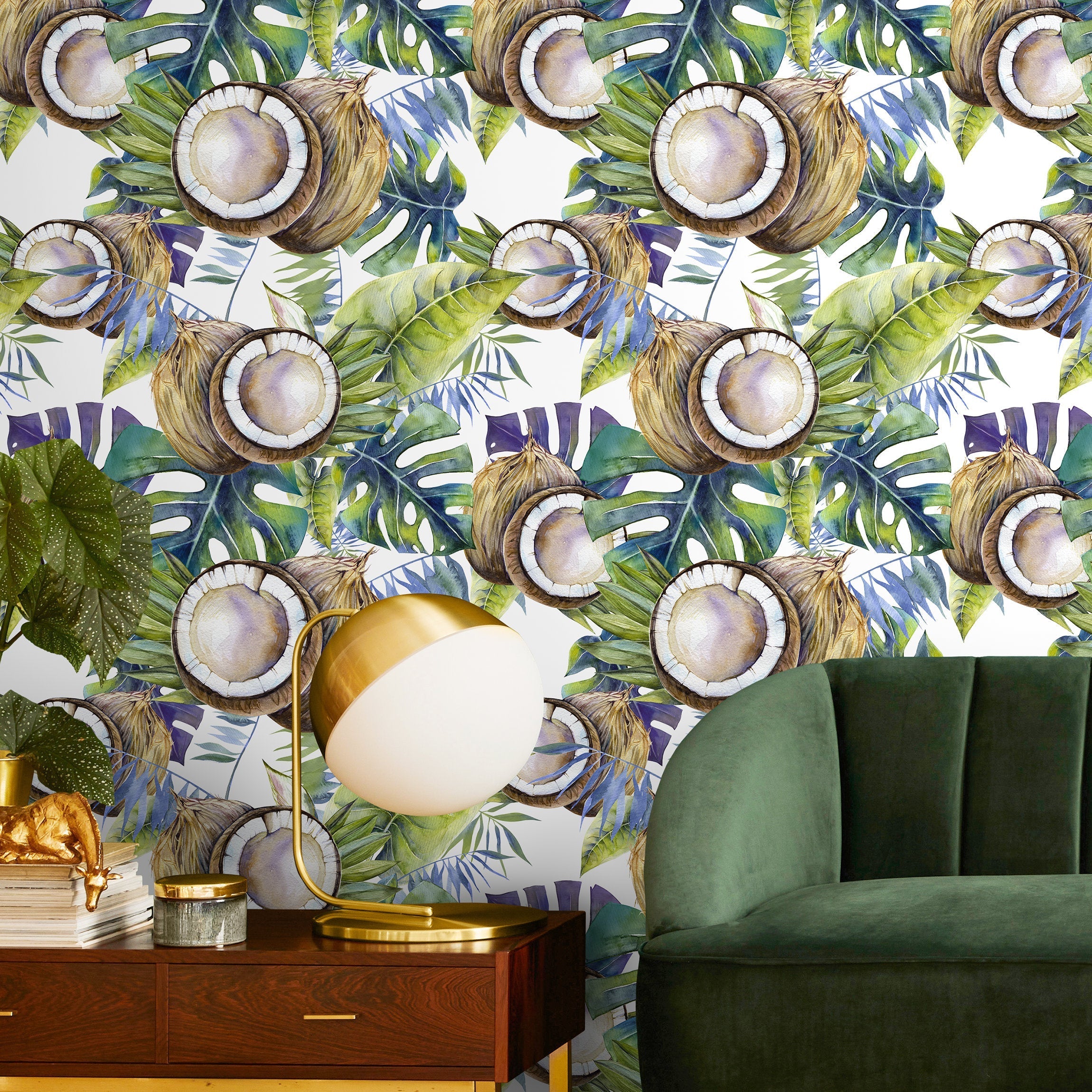 Tropical Wallpaper With A Coconut And Palm Leaf Motif In Green, Blue, And Brown - A233
