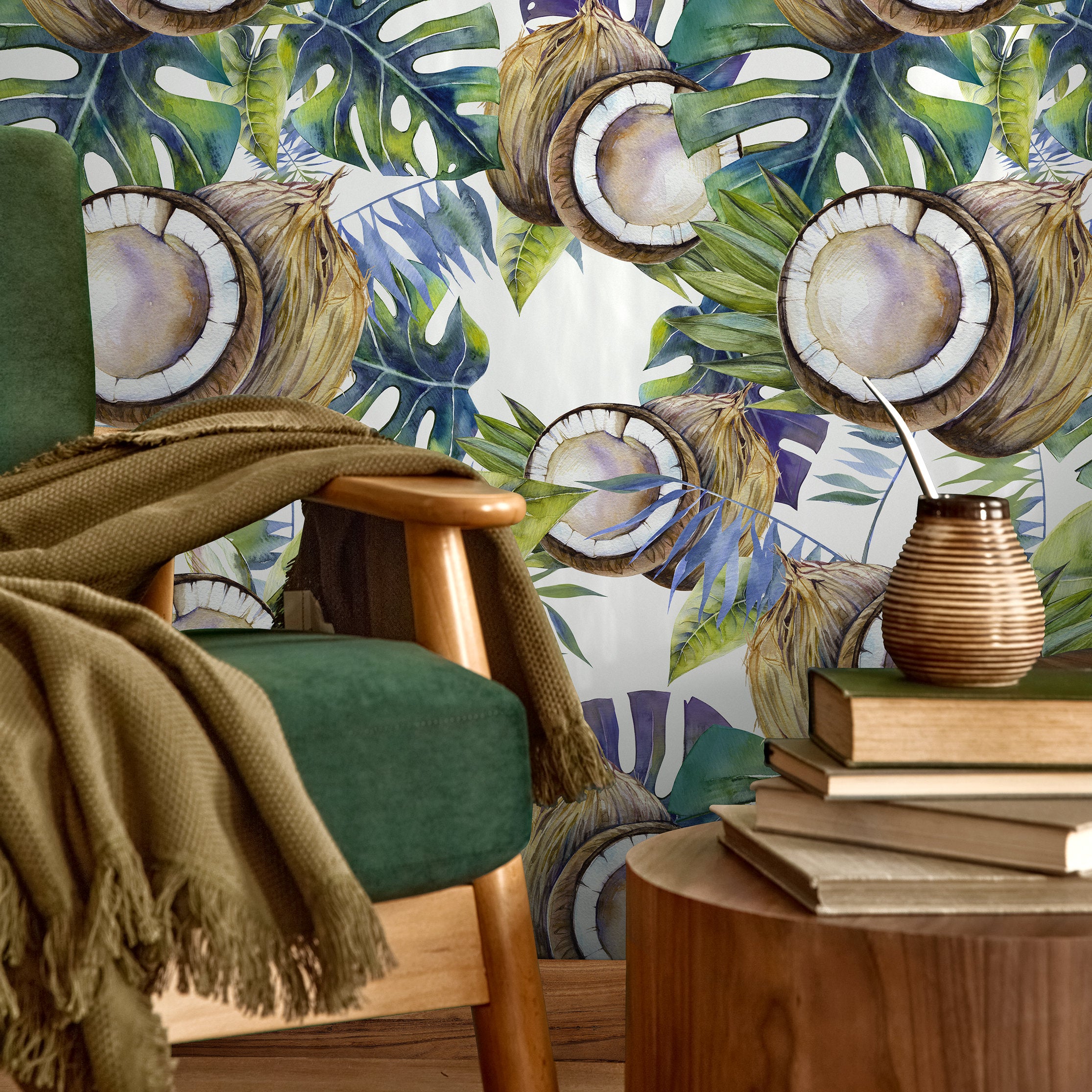 Tropical Wallpaper With A Coconut And Palm Leaf Motif In Green, Blue, And Brown - A233