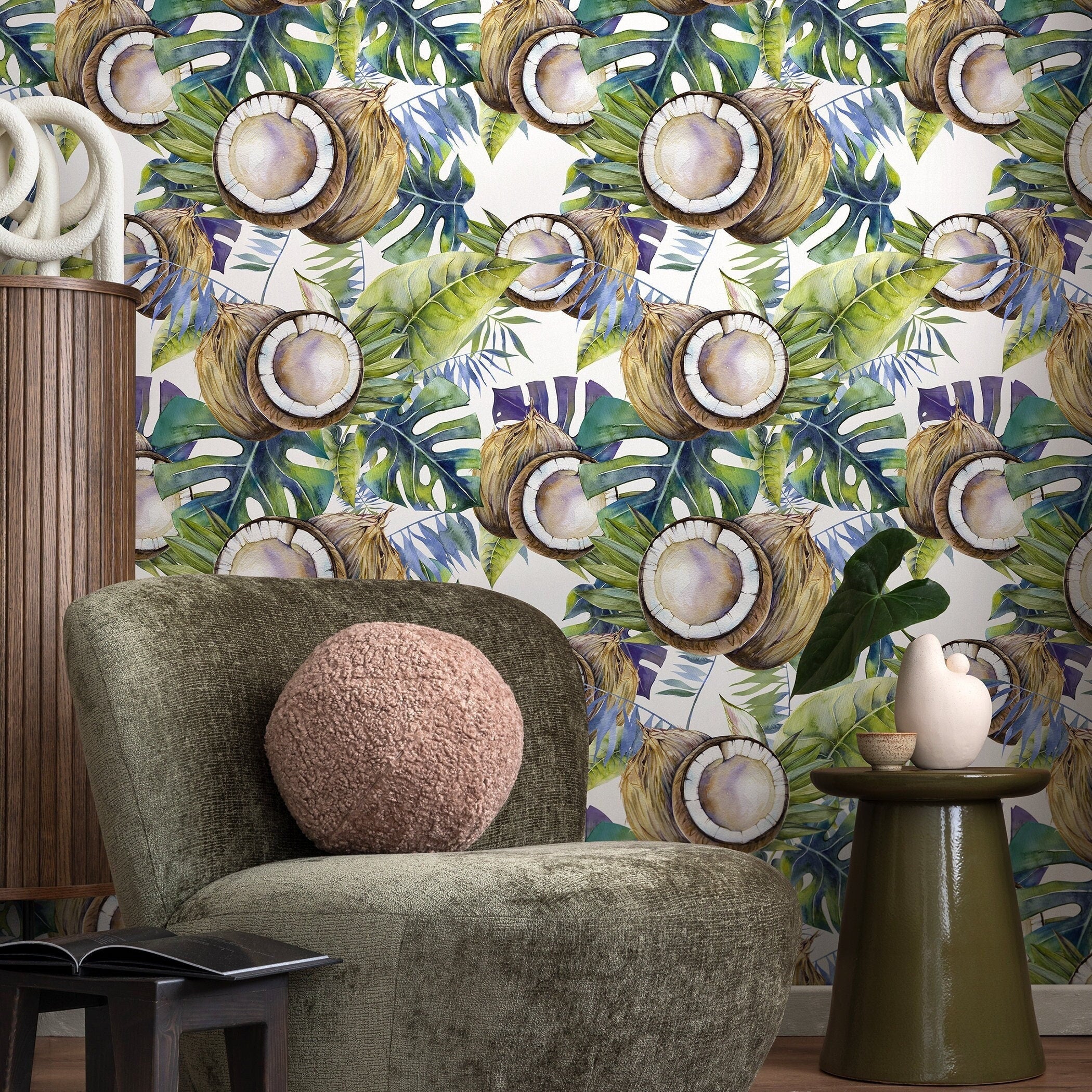 Tropical Wallpaper With A Coconut And Palm Leaf Motif In Green, Blue, And Brown - A233