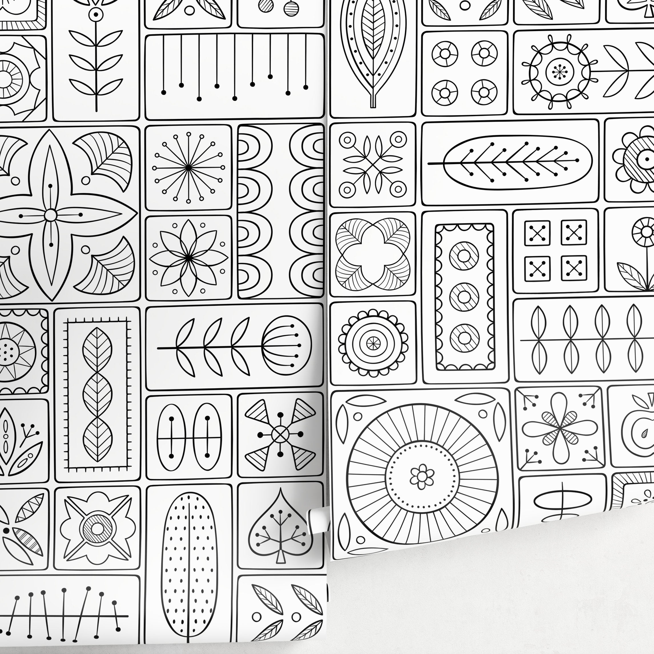 Geometric Wallpaper With Folk Art Tile Motifs In Black And White - A236