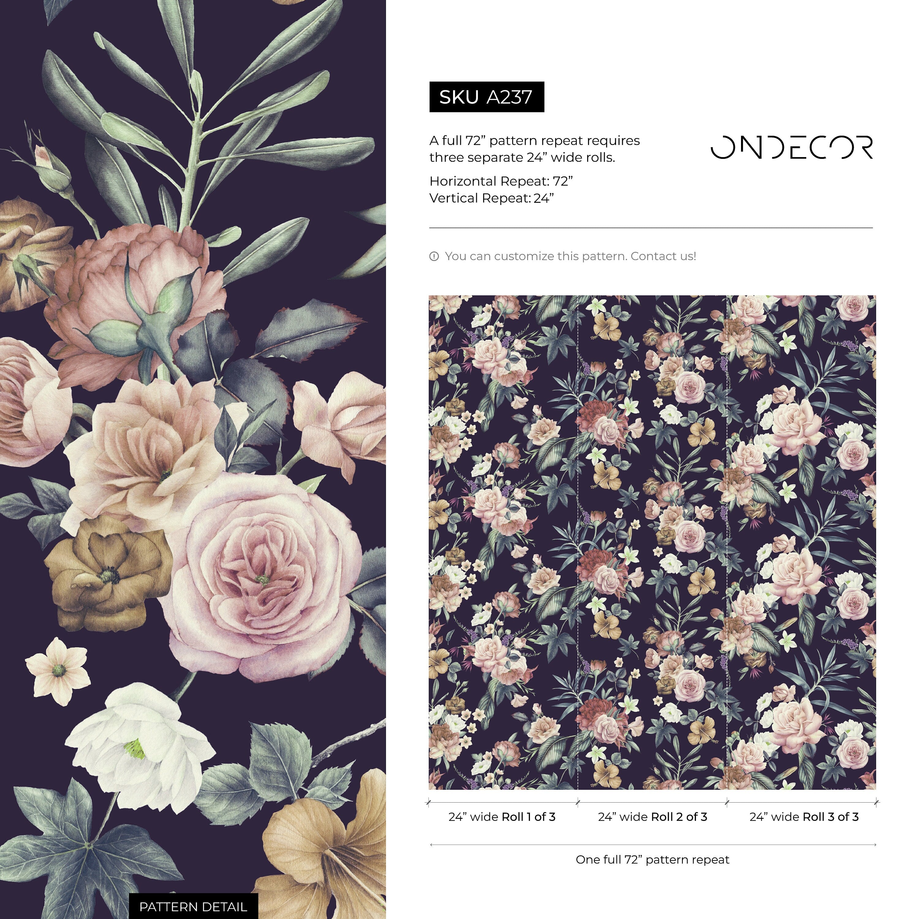 Floral Wallpaper With Vintage Roses In Pink, Green, And Dark Purple - A237