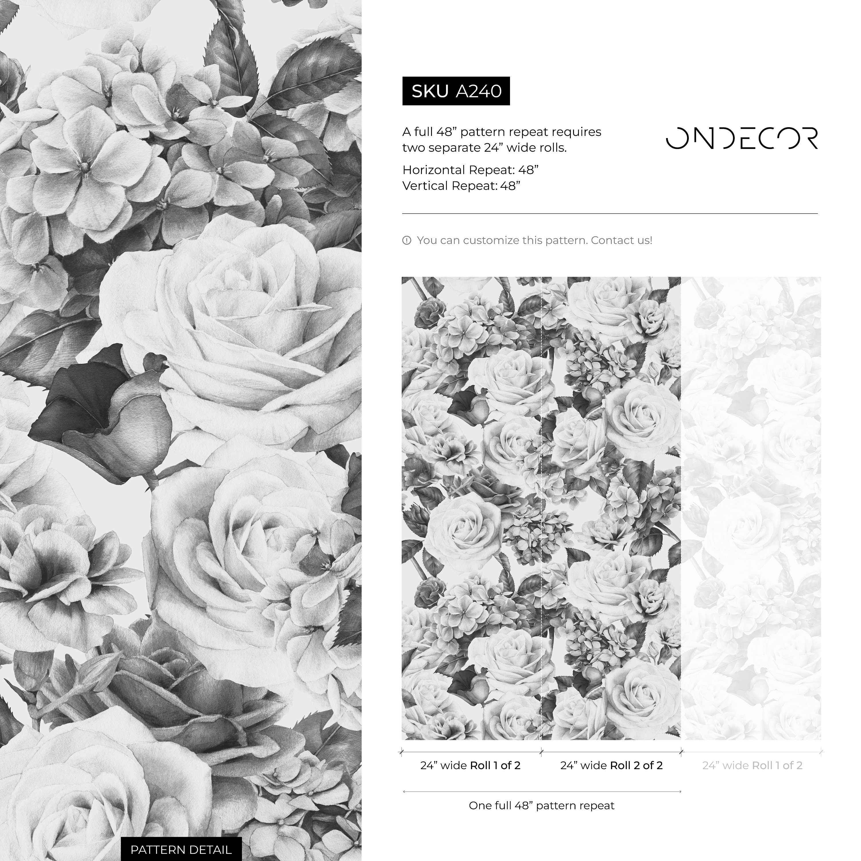 Vintage Floral Wallpaper With Large Roses In Black And White - A240