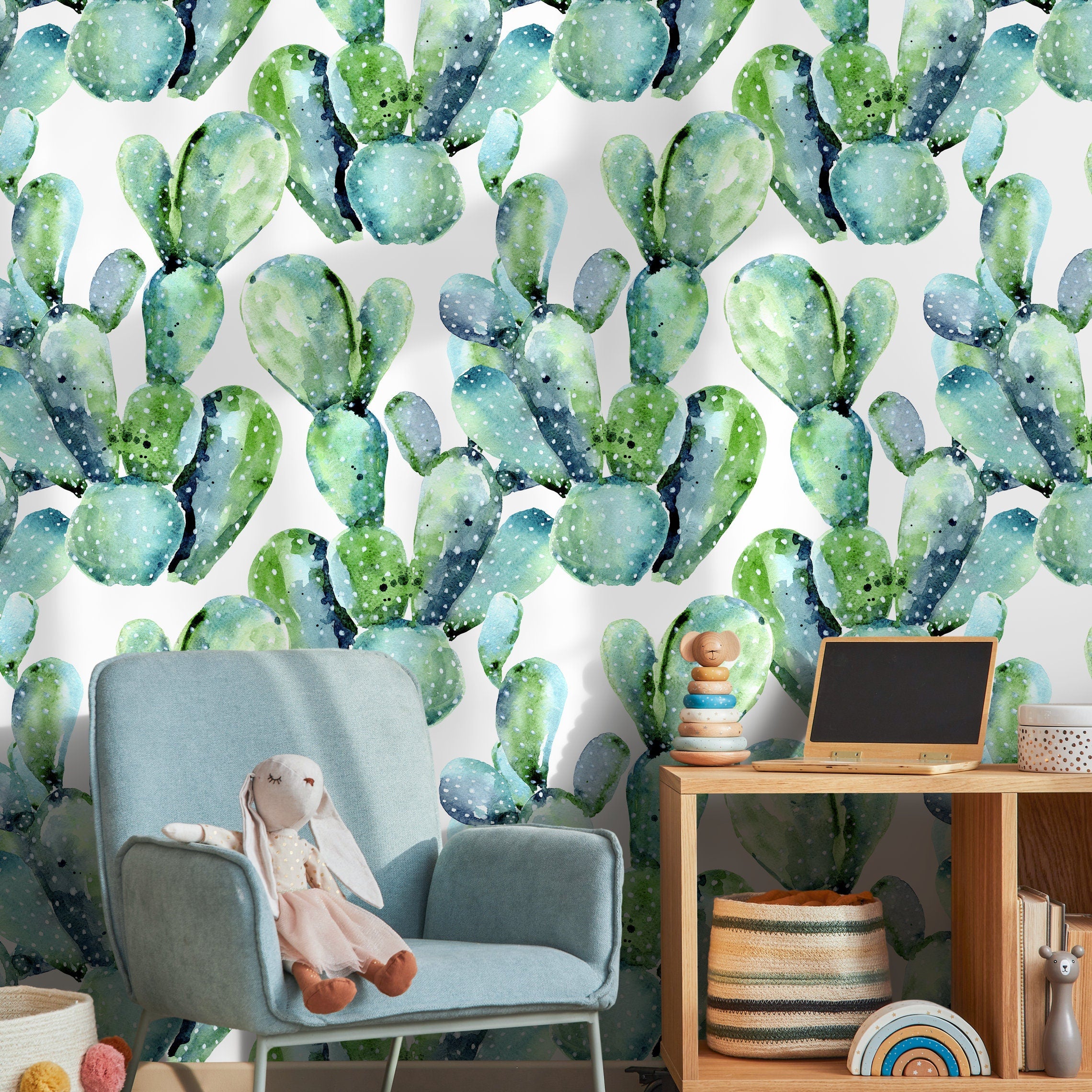 Botanical Wallpaper With A Watercolor Cactus Motif In Green And Blue - A241