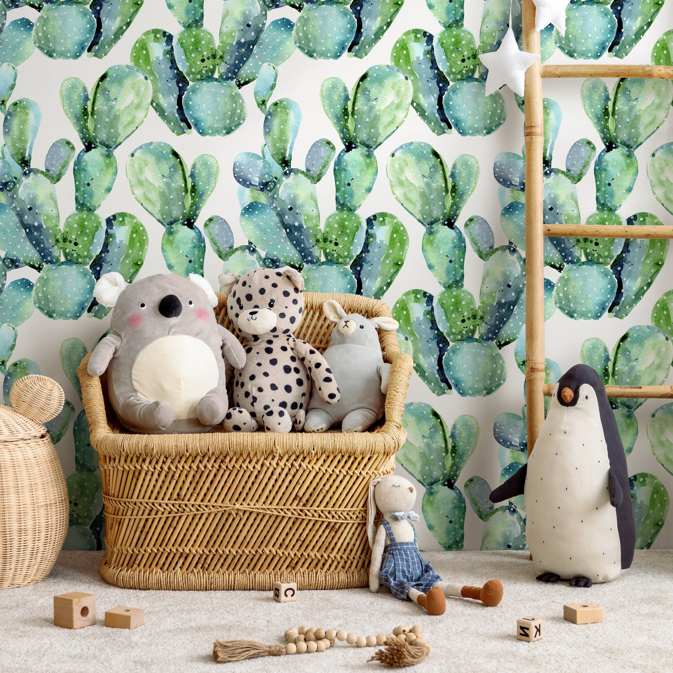 Botanical Wallpaper With A Watercolor Cactus Motif In Green And Blue - A241