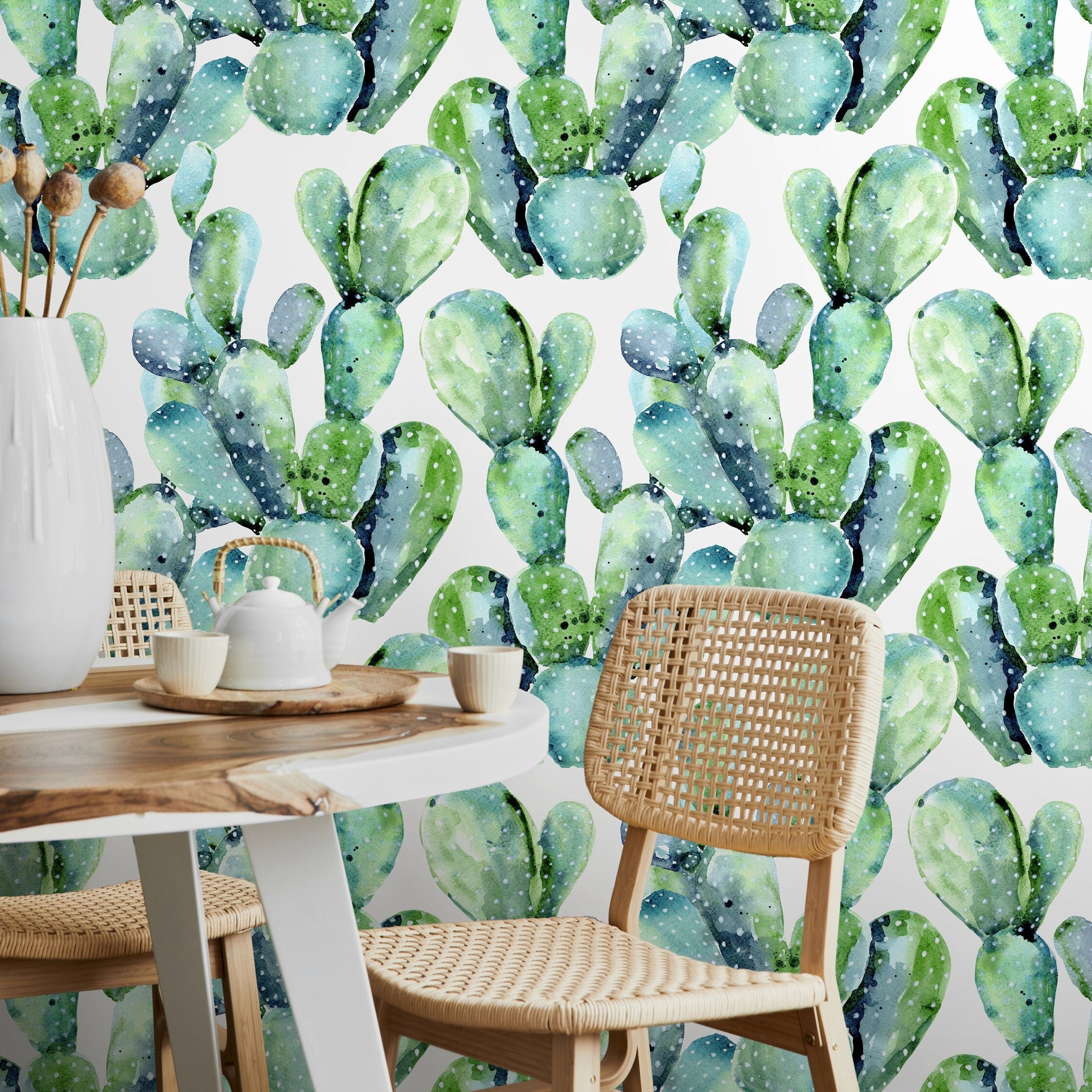 Botanical Wallpaper With A Watercolor Cactus Motif In Green And Blue - A241