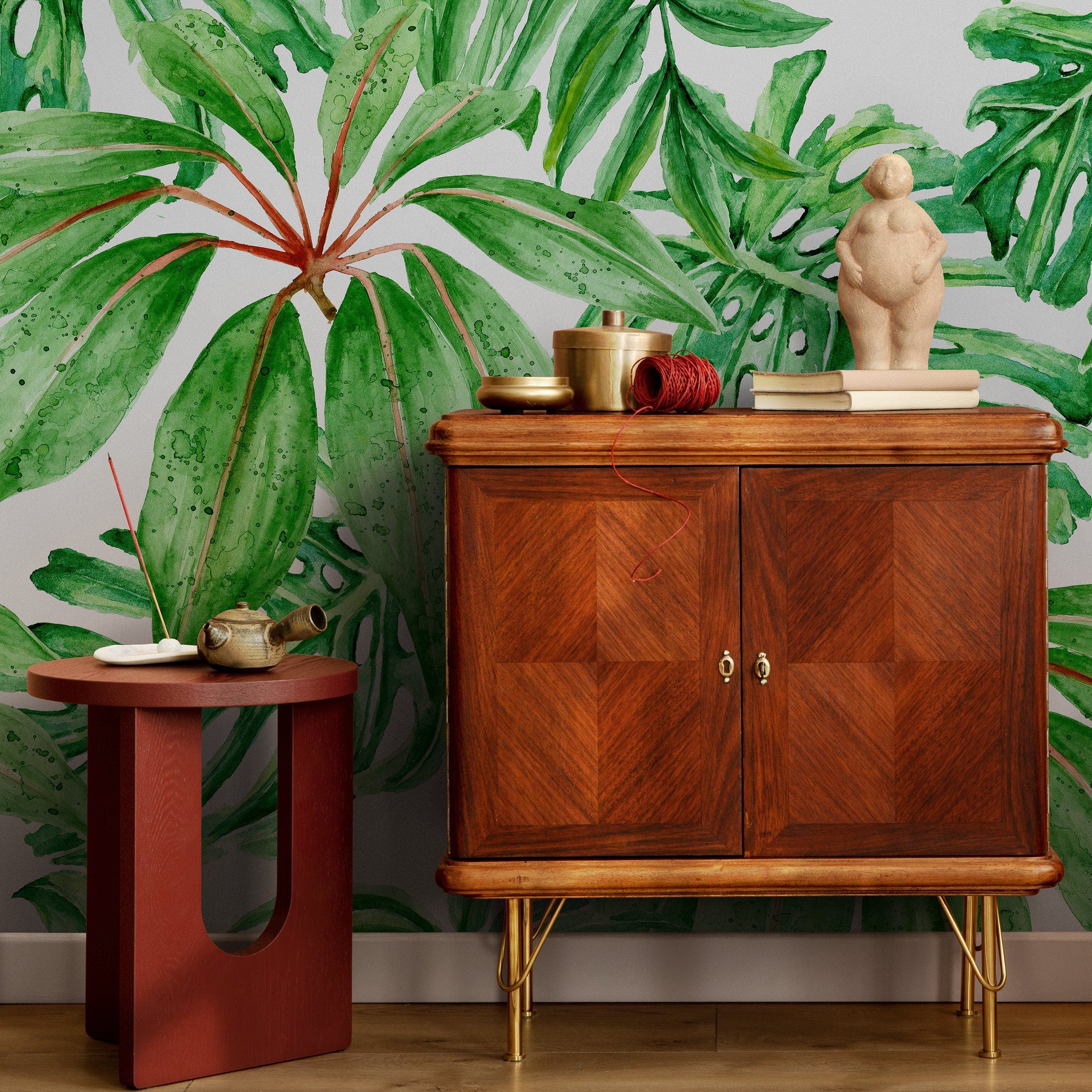 Botanical Wallpaper With Watercolor Monstera Leaves In Green And Red - A244