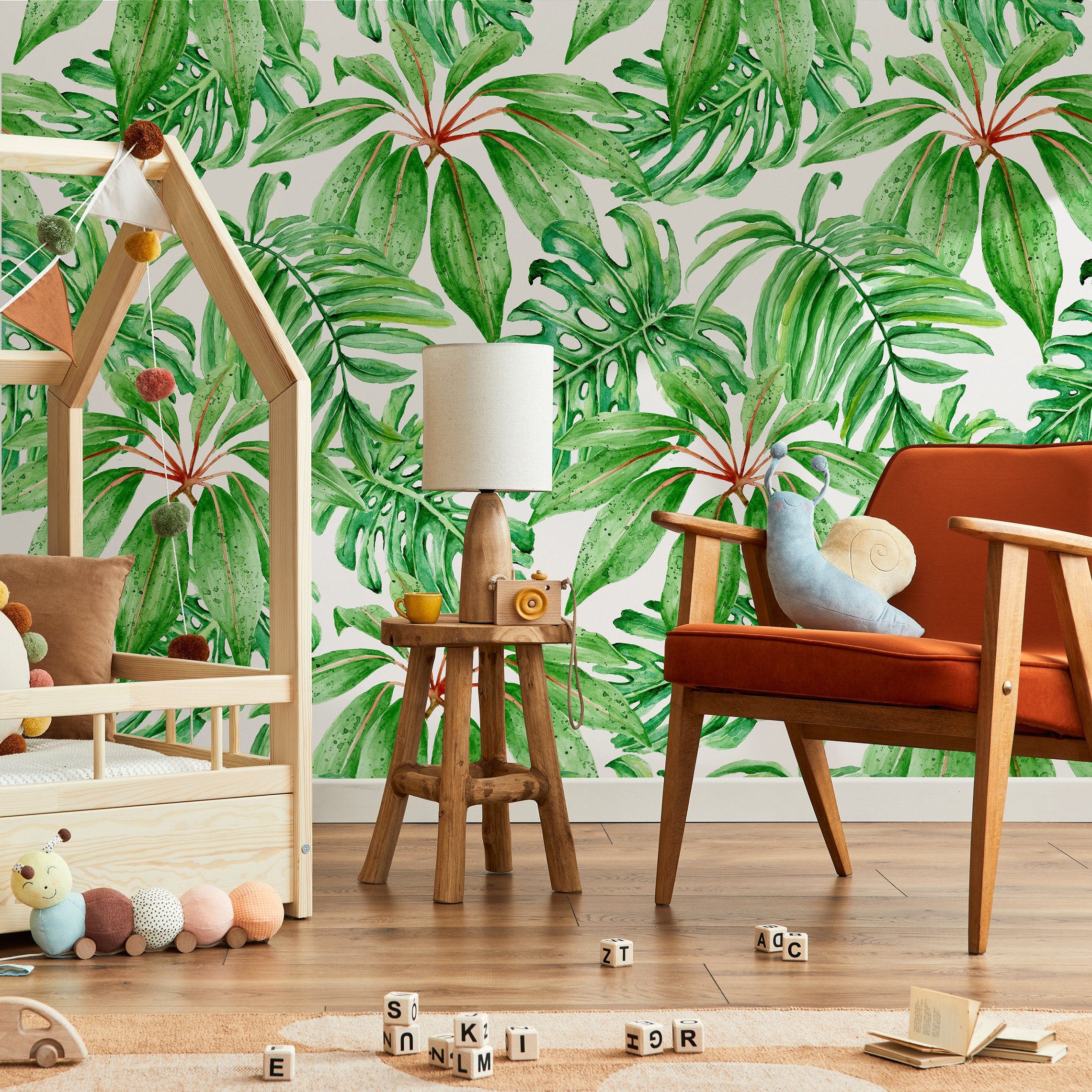 Botanical Wallpaper With Watercolor Monstera Leaves In Green And Red - A244