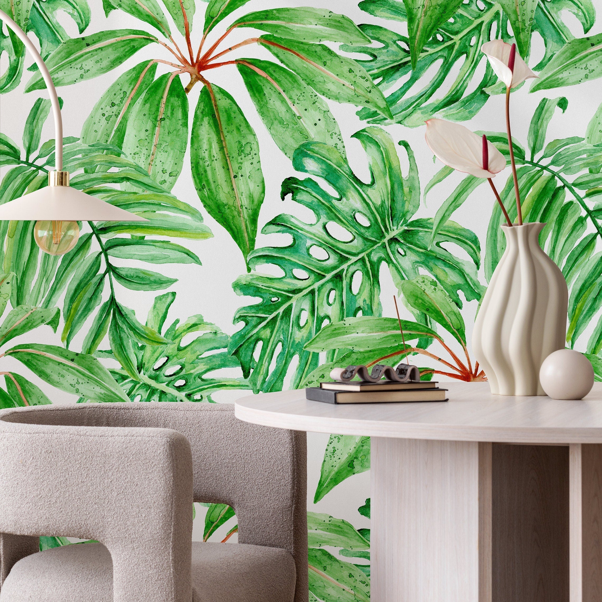 Botanical Wallpaper With Watercolor Monstera Leaves In Green And Red - A244