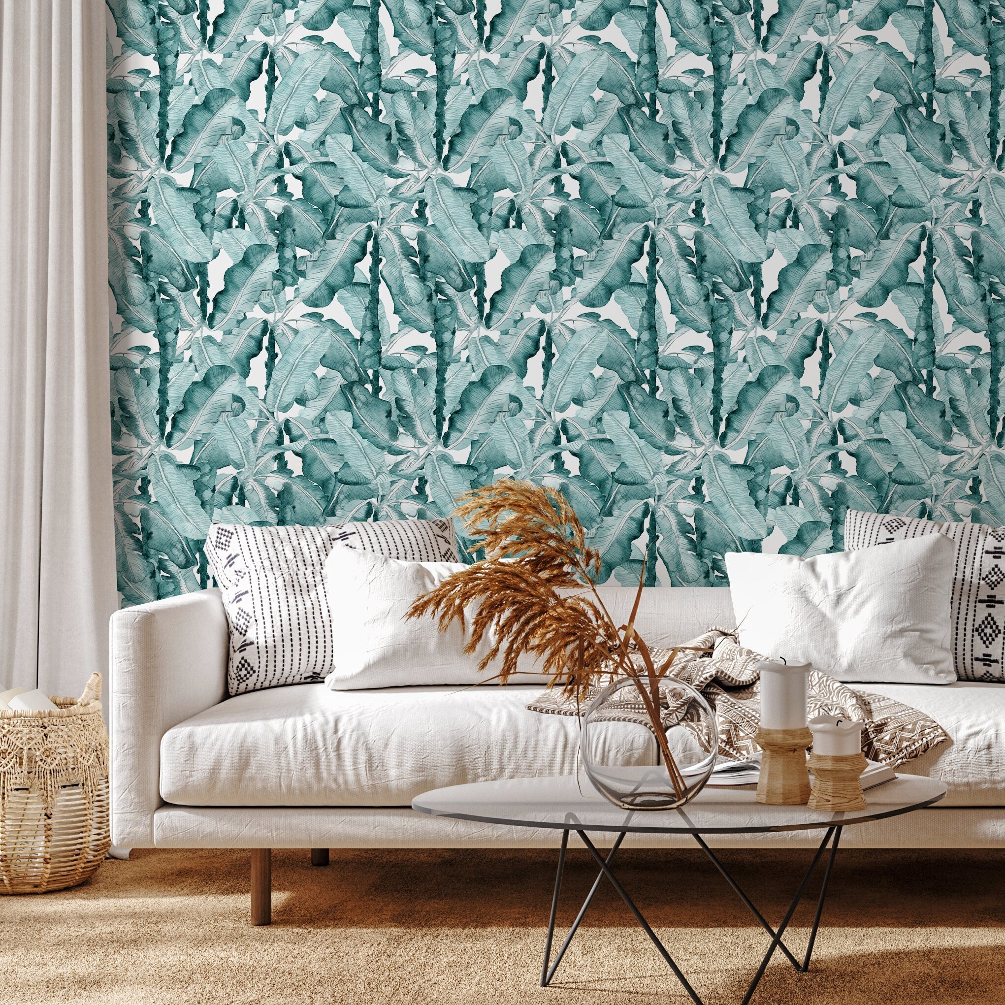 Tropical Wallpaper With A Watercolor Banana Leaf Motif In Green - A245