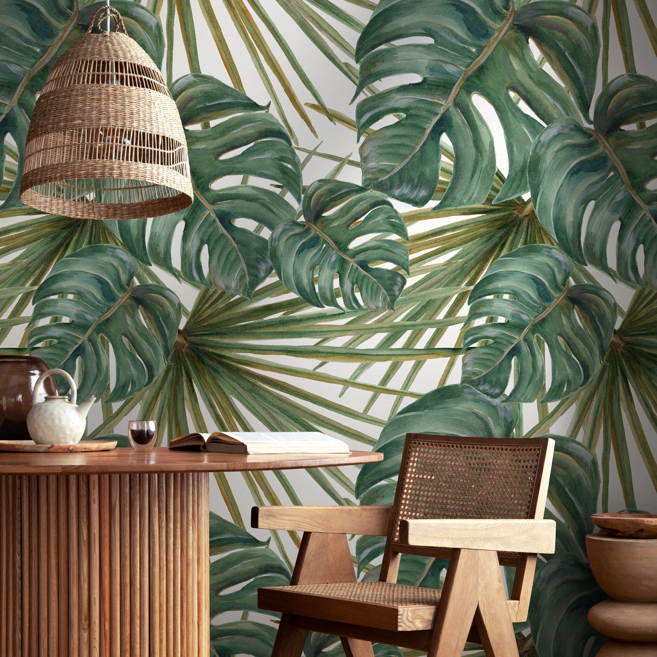 Botanical Wallpaper With Watercolor Monstera And Palm Leaves In Green - A259