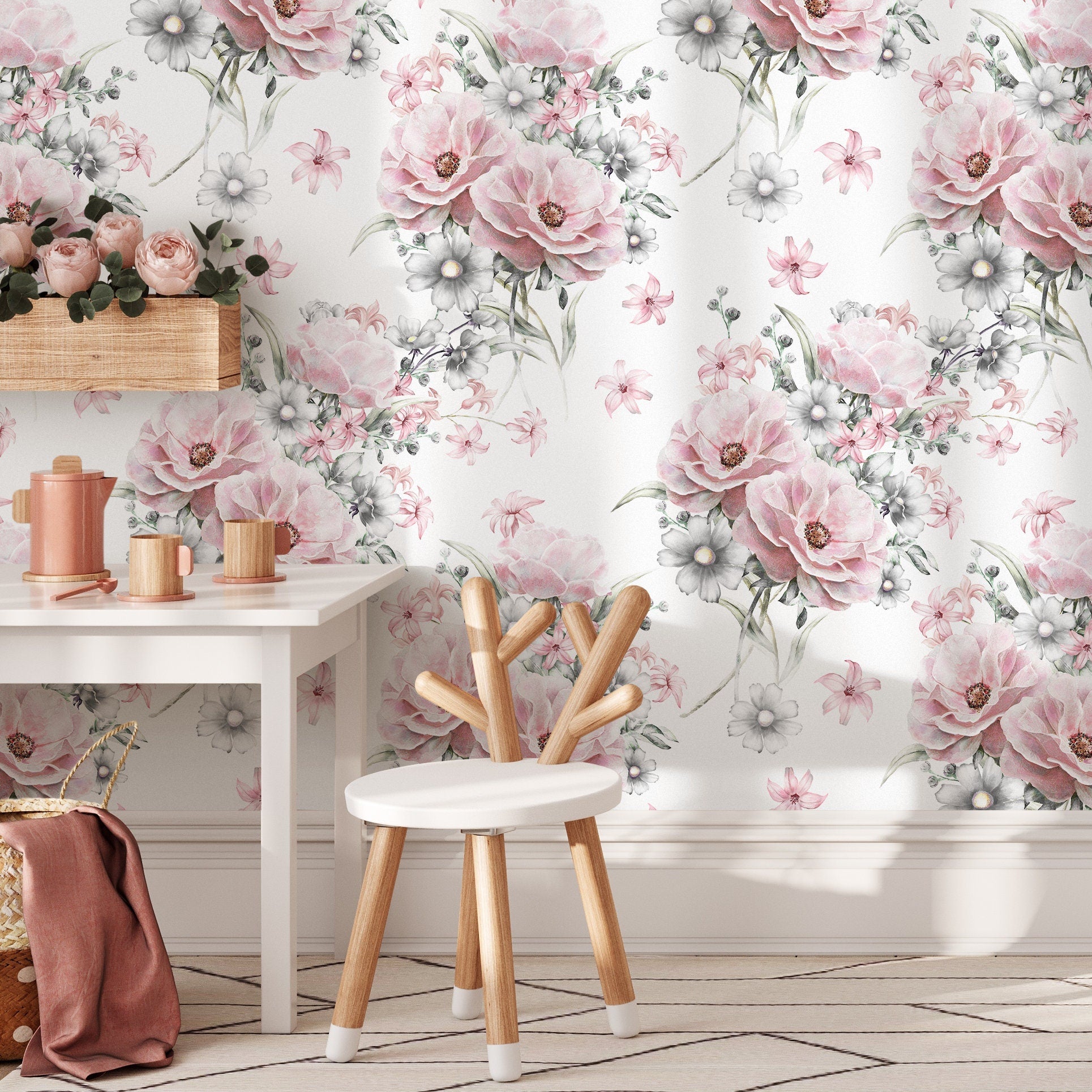 Floral Wallpaper With Painterly Peonies And Daisies In Pink And Grey - A265