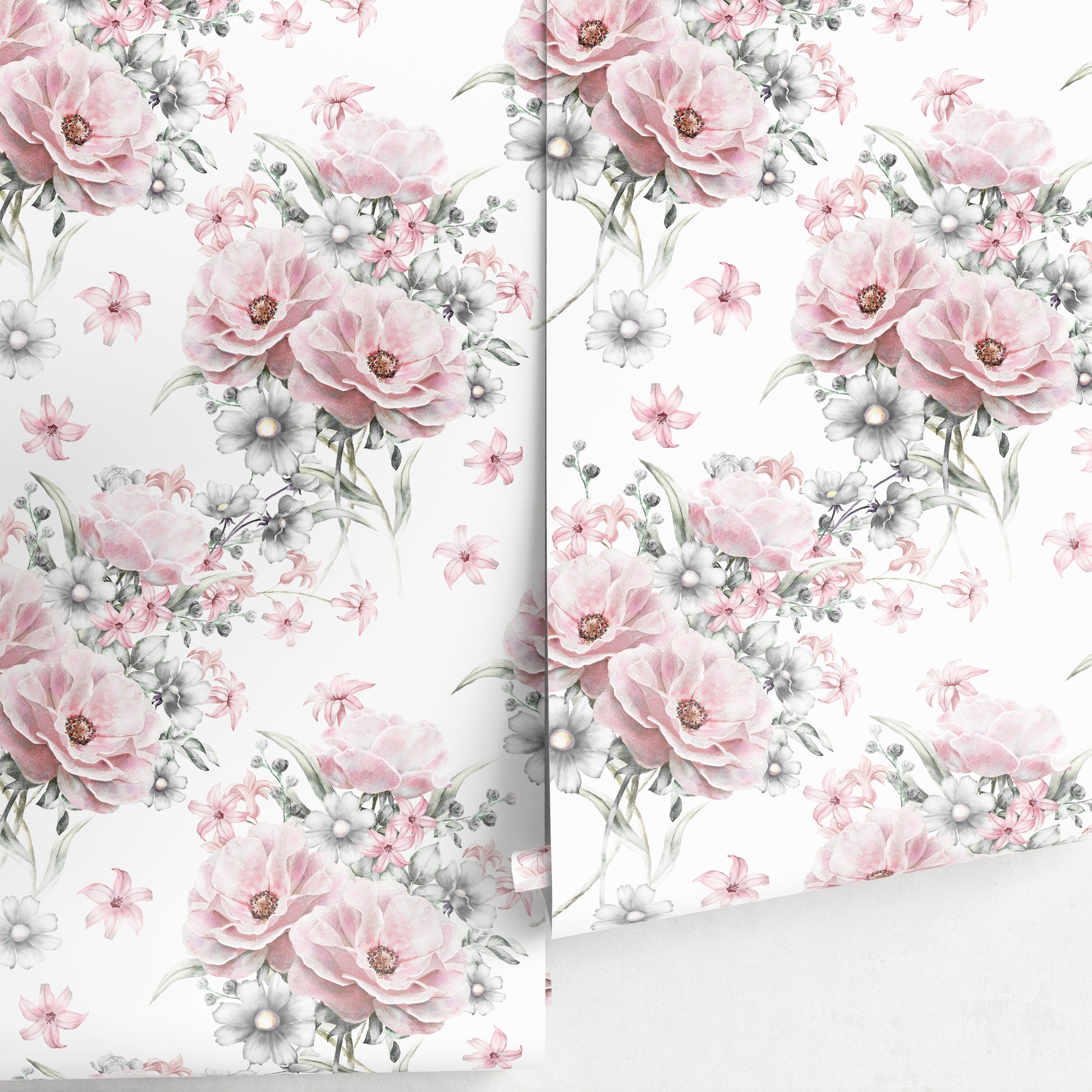 Floral Wallpaper With Painterly Peonies And Daisies In Pink And Grey - A265