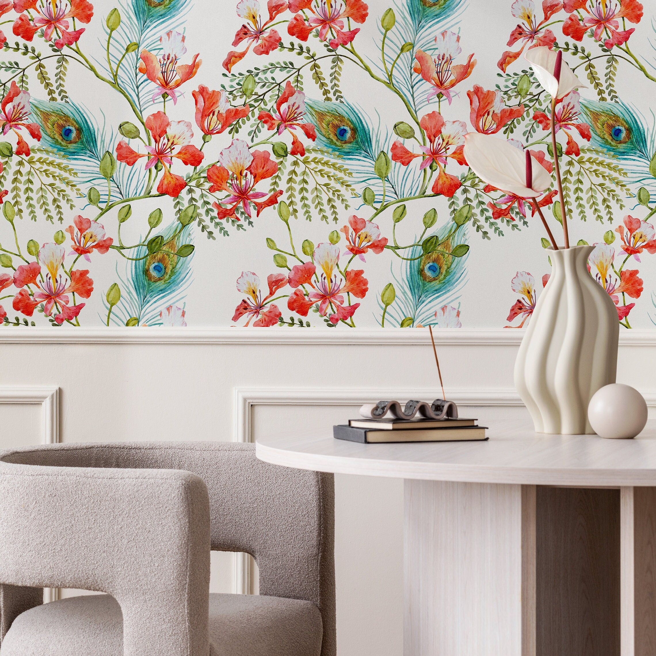 Floral Wallpaper With Peacock Feathers And Blooms In Red, Teal, And Green - A269