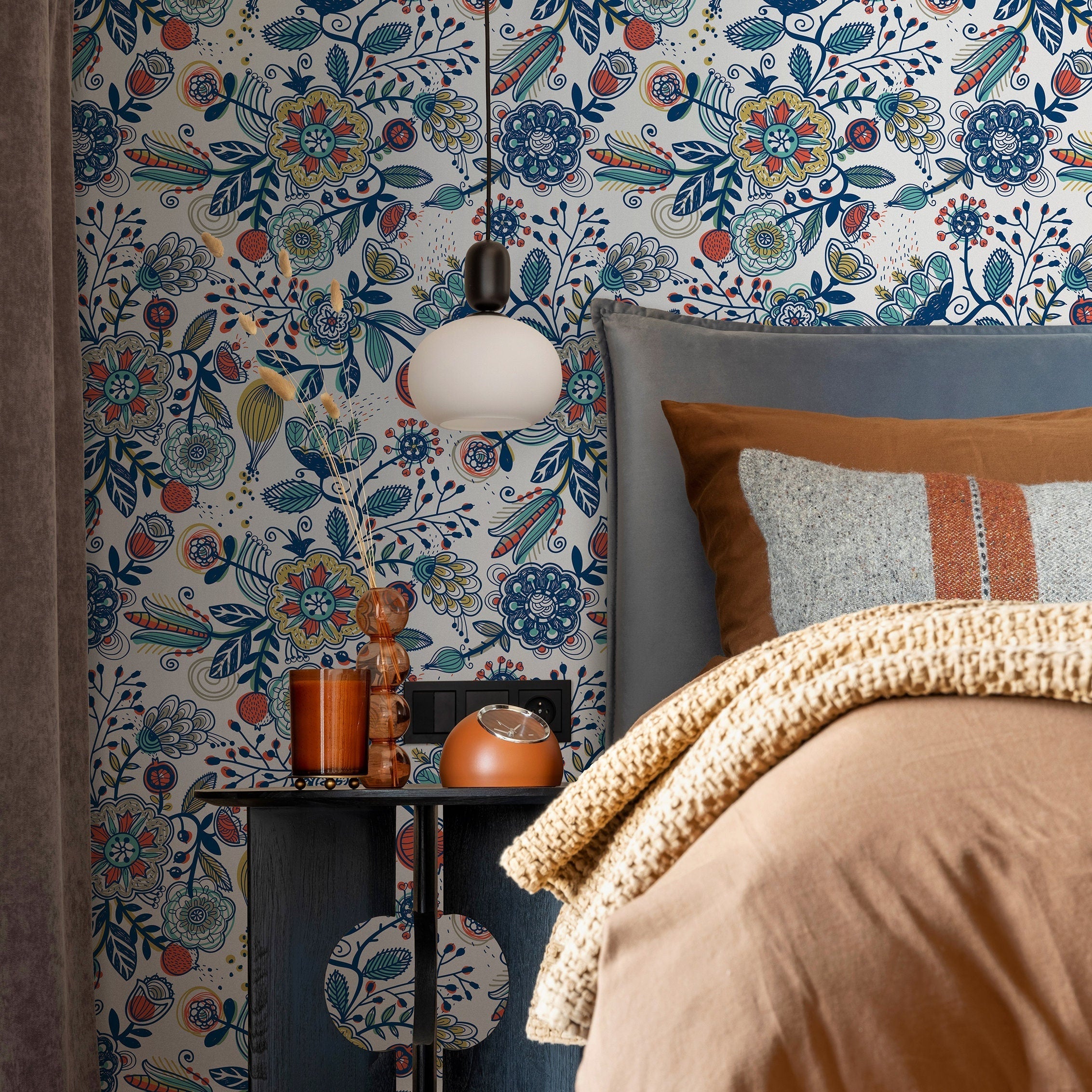 Folk Art Wallpaper With Whimsical Flowers In Blue, Orange, And Yellow - A272