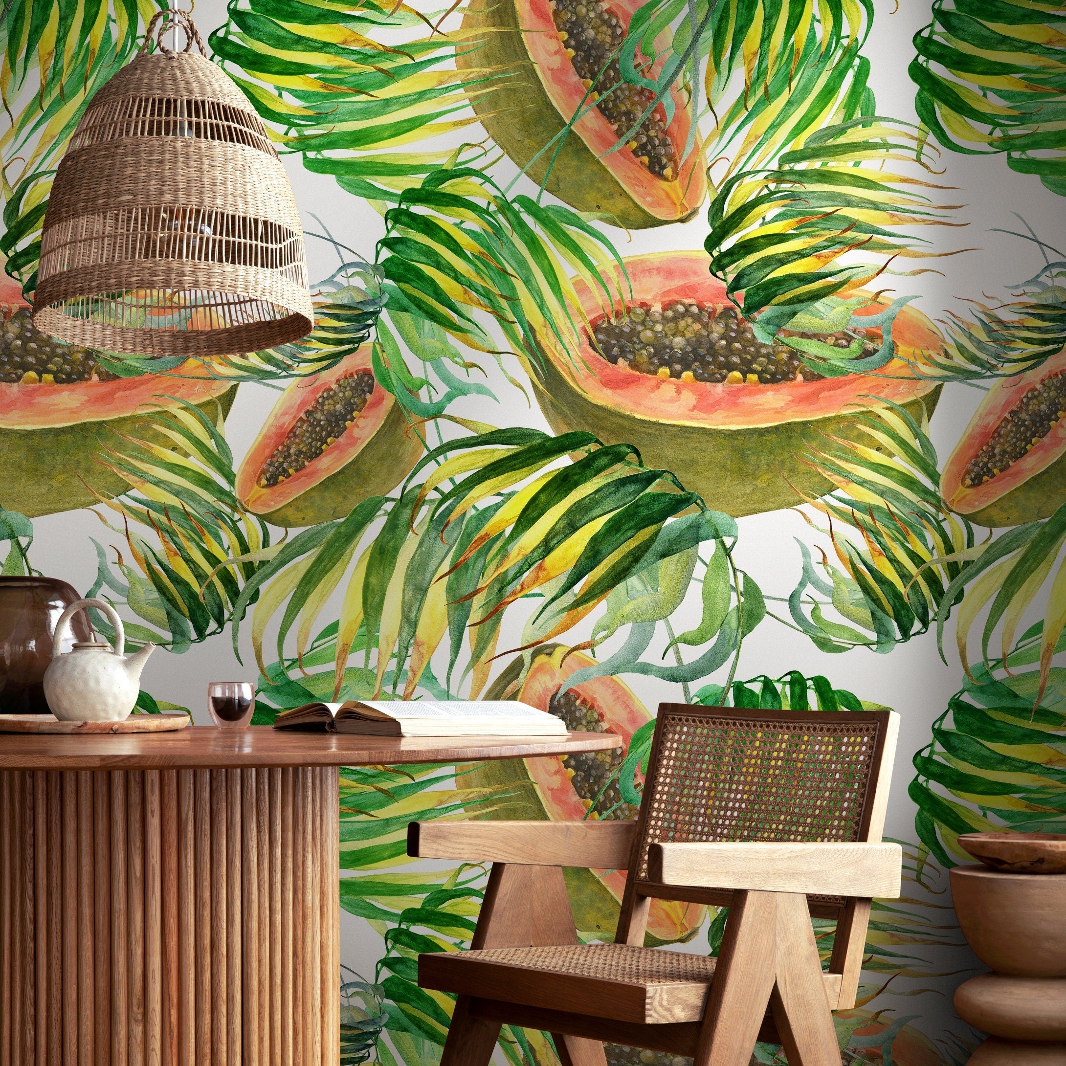 Tropical Wallpaper With A Papaya And Palm Leaf Motif In Green, Orange, And Yellow - A274