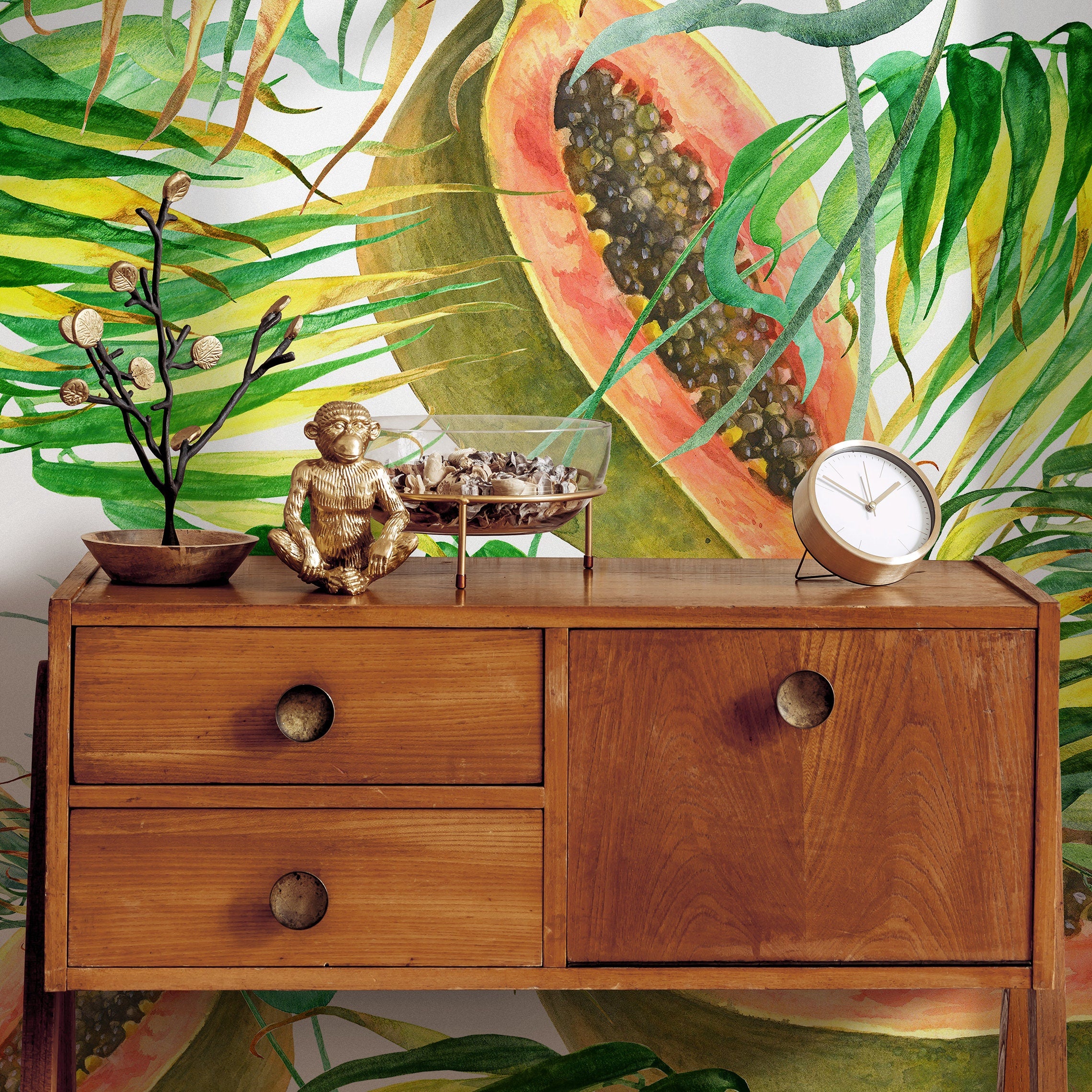 Tropical Wallpaper With A Papaya And Palm Leaf Motif In Green, Orange, And Yellow - A274