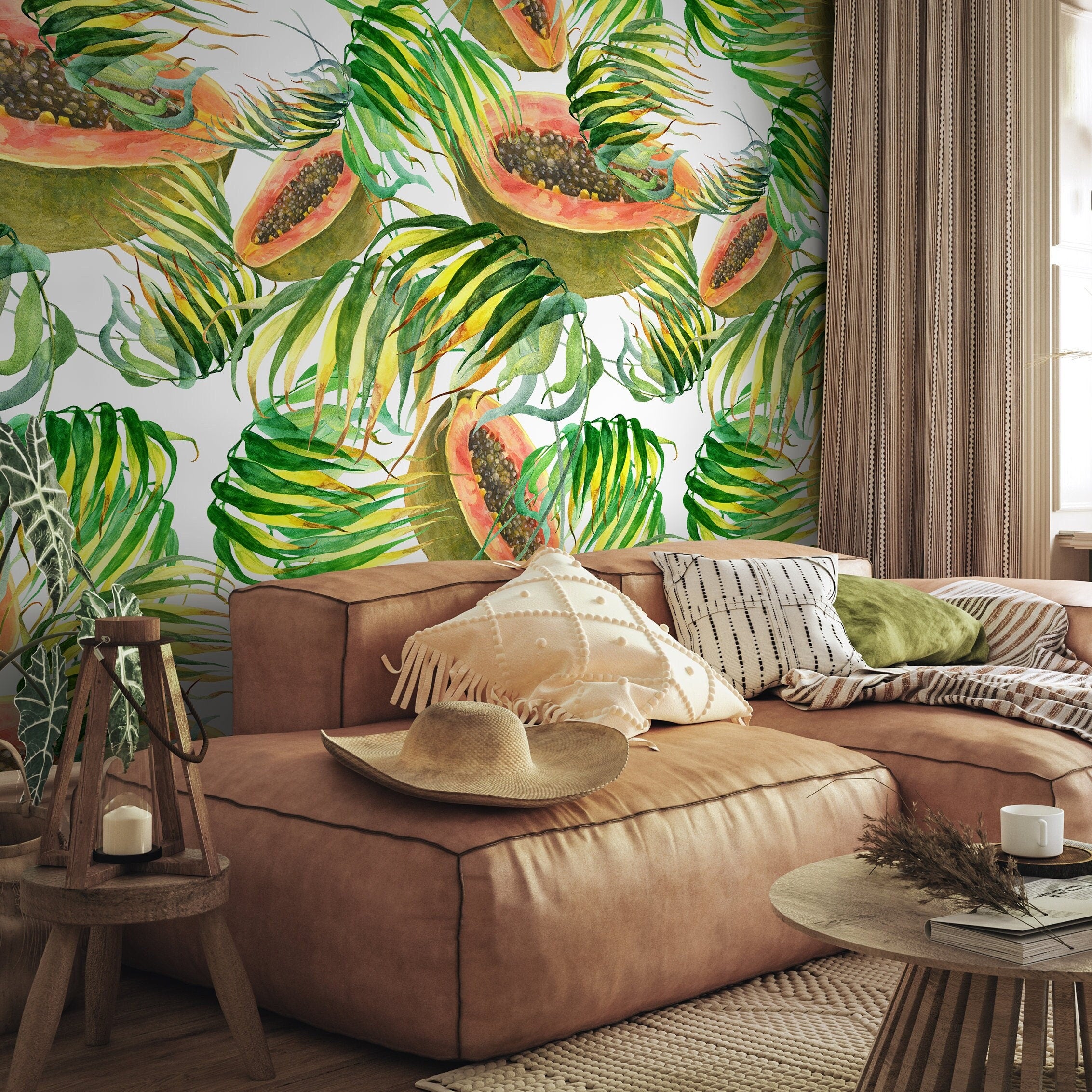 Tropical Wallpaper With A Papaya And Palm Leaf Motif In Green, Orange, And Yellow - A274