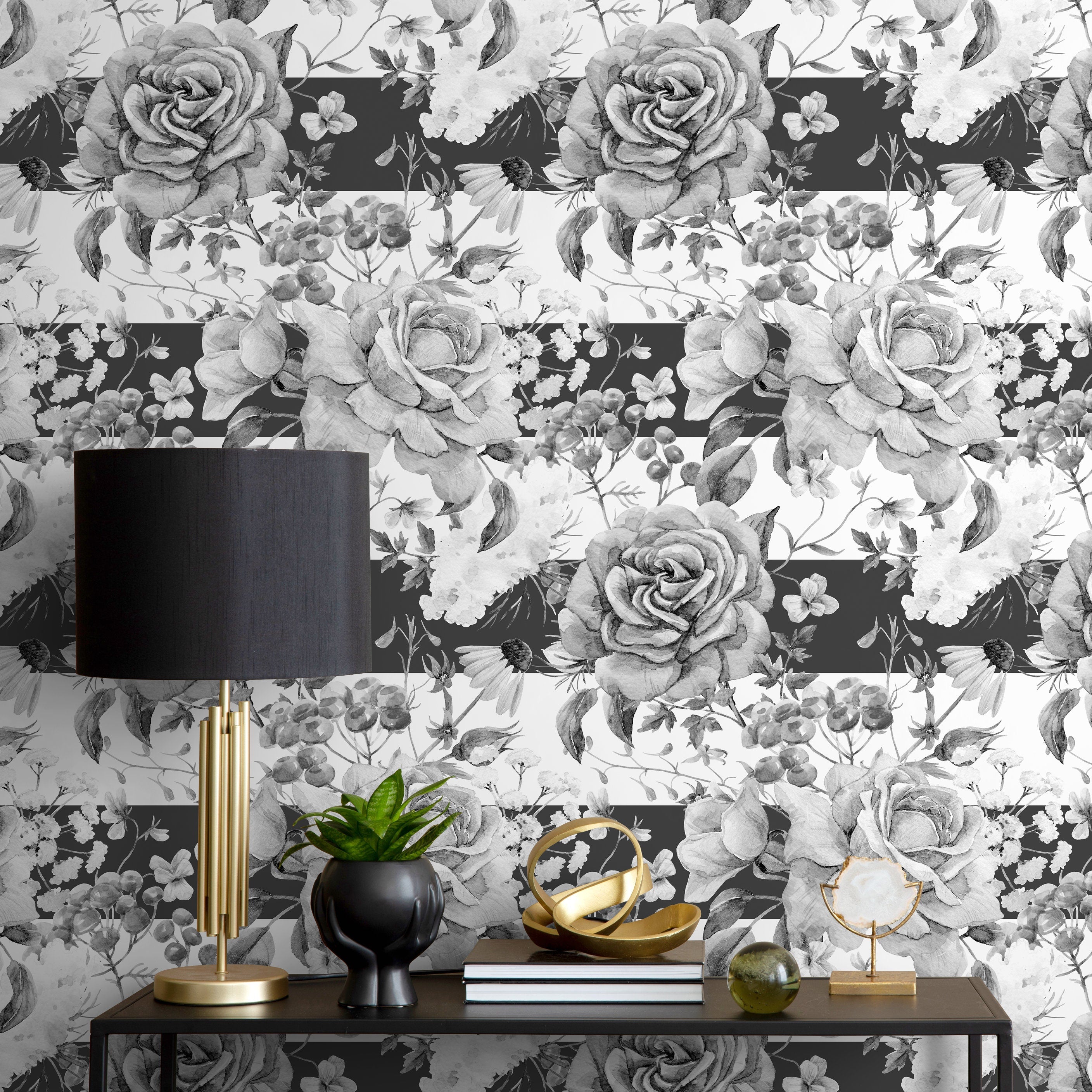 Floral Wallpaper With Roses And Modern Stripes In Black And White - A461