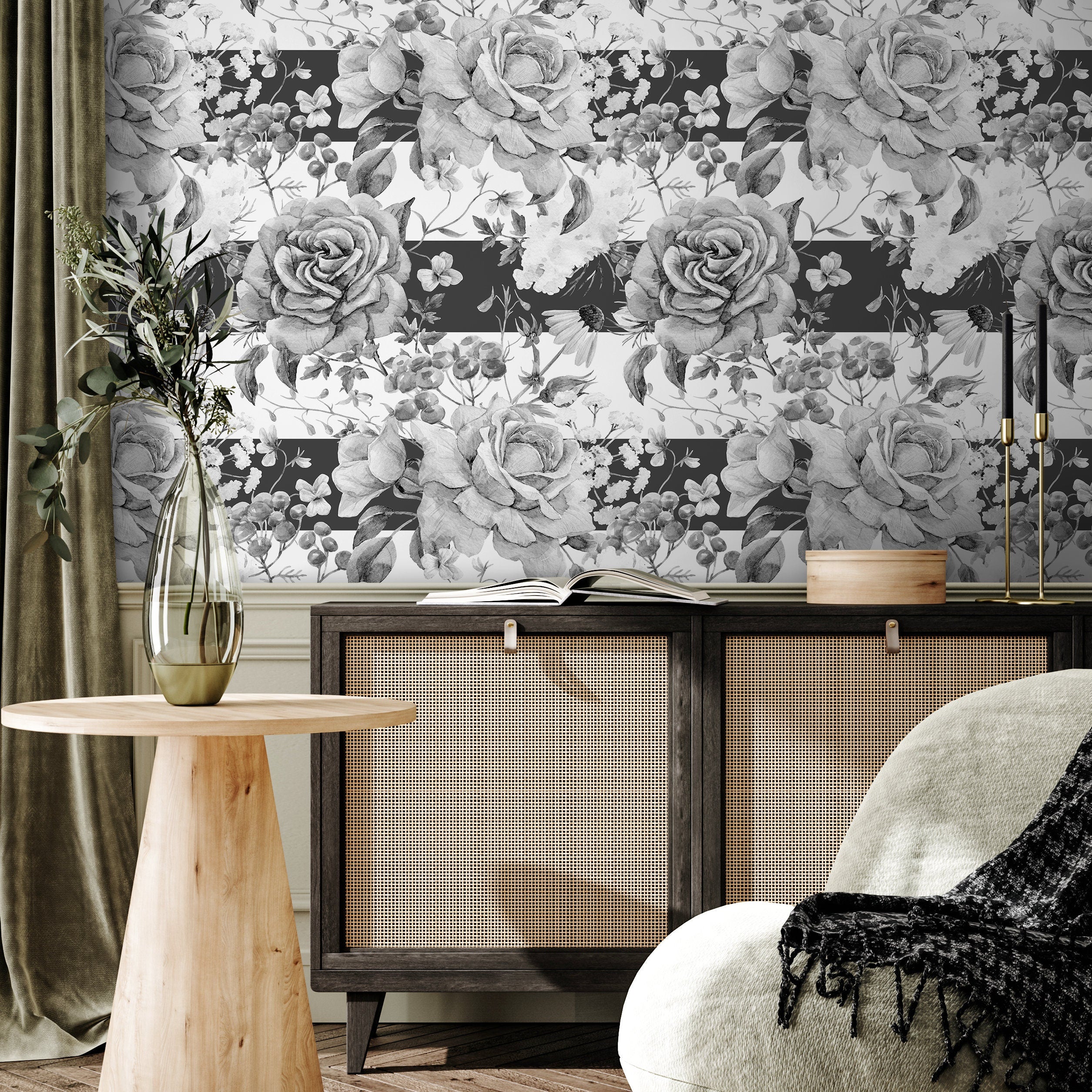 Floral Wallpaper With Roses And Modern Stripes In Black And White - A461
