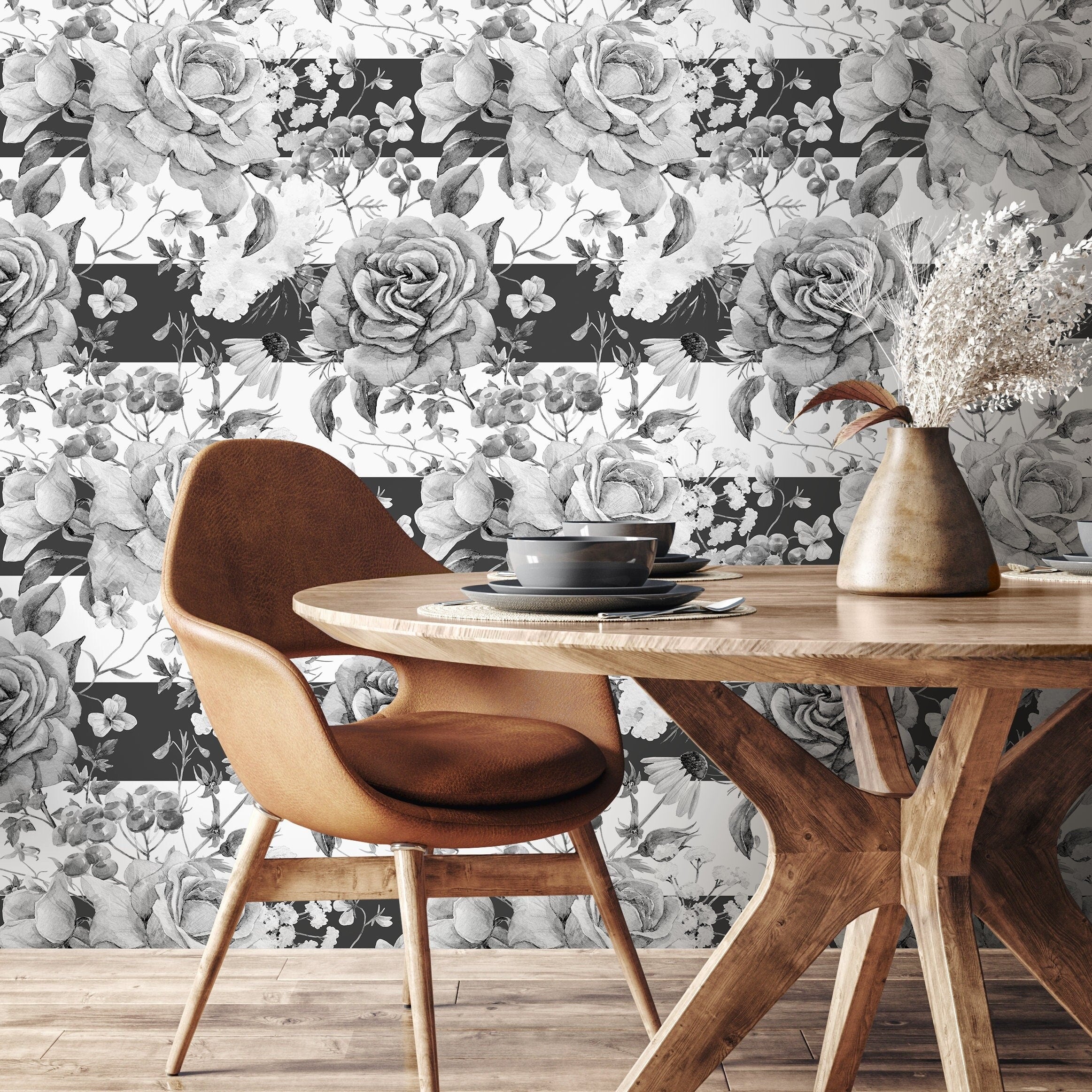 Floral Wallpaper With Roses And Modern Stripes In Black And White - A461