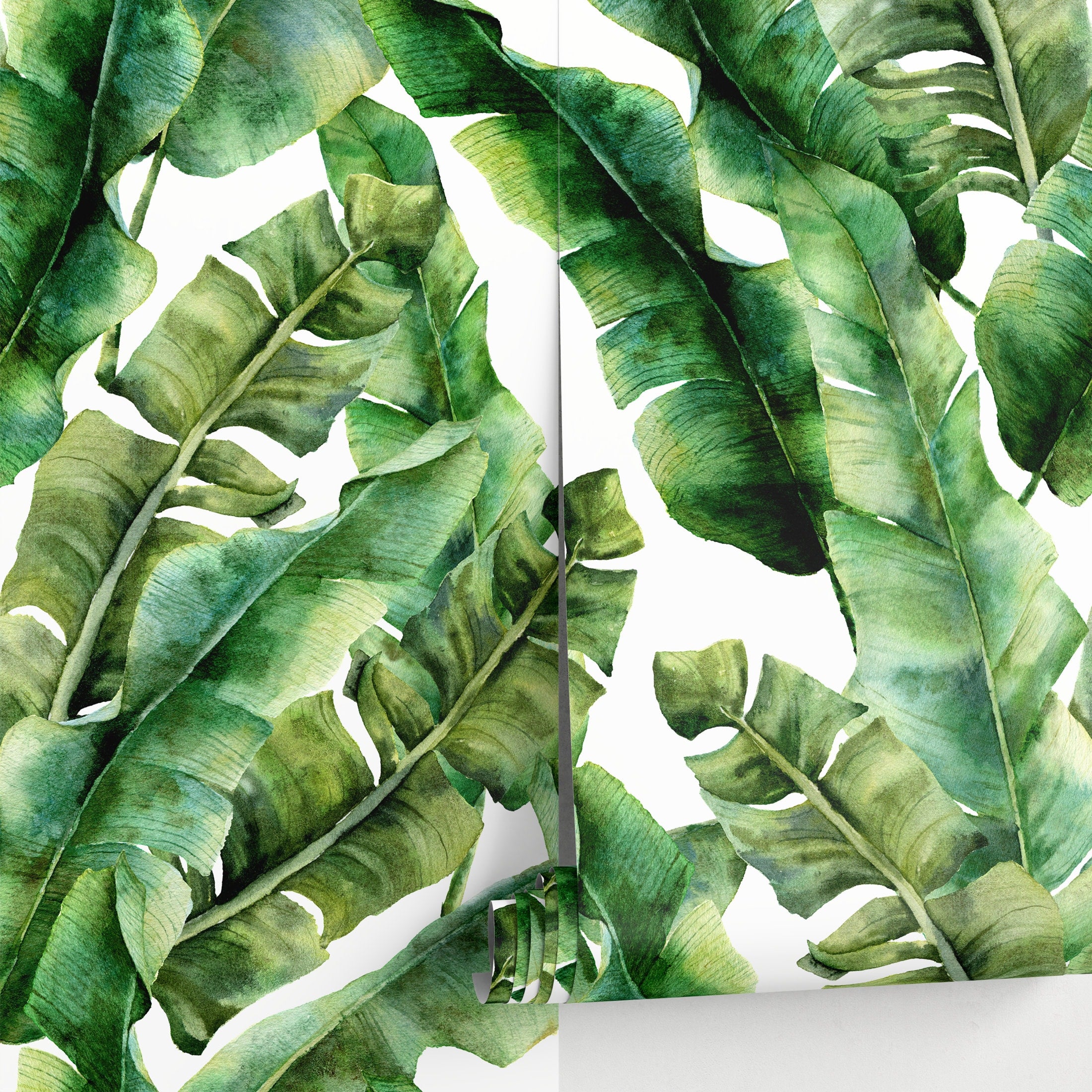 Tropical Wallpaper With A Watercolor Banana Leaf Motif In Green - A498