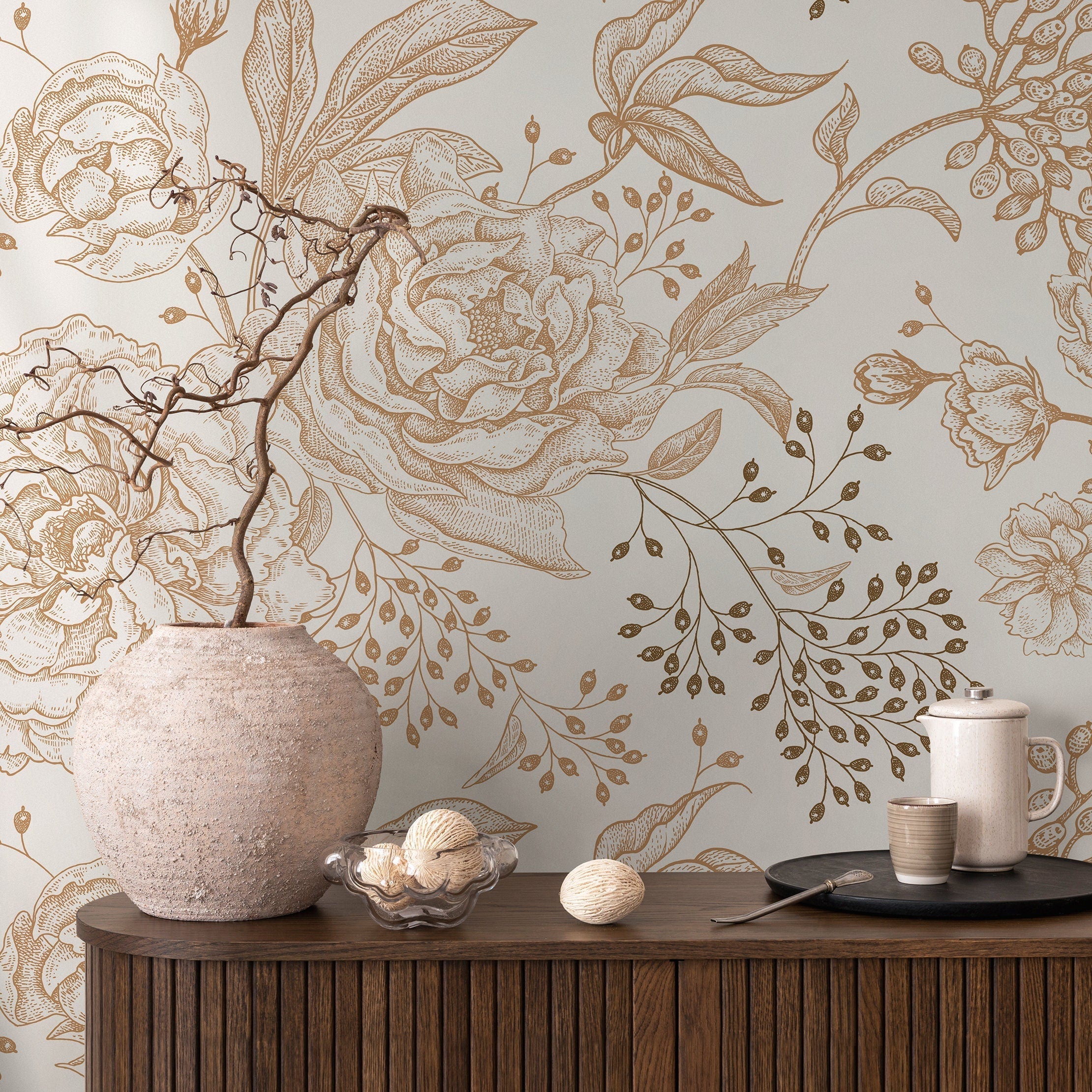 Floral Wallpaper With A Vintage Peony Sketch In Gold And Light Gray - A671