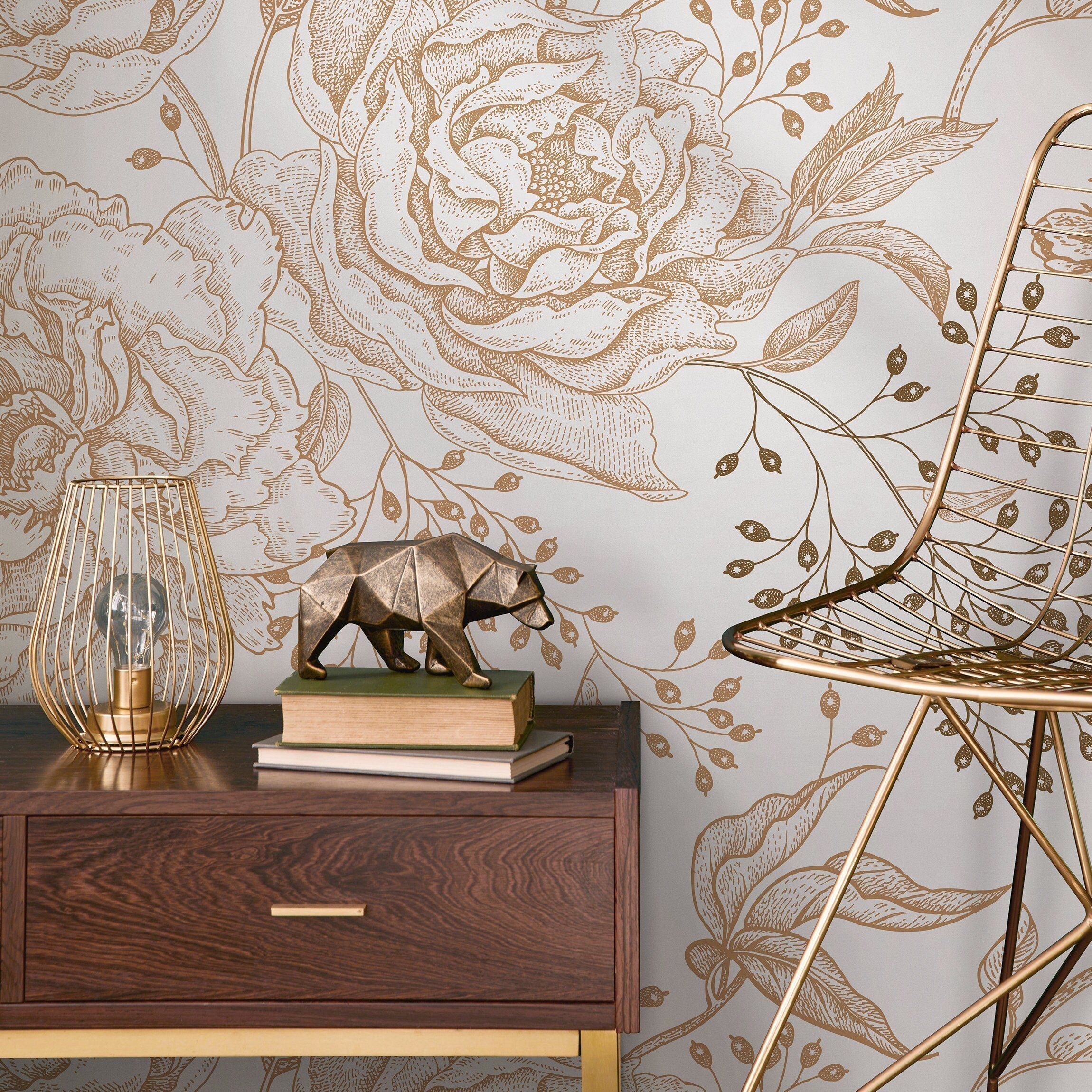 Floral Wallpaper With A Vintage Peony Sketch In Gold And Light Gray - A671