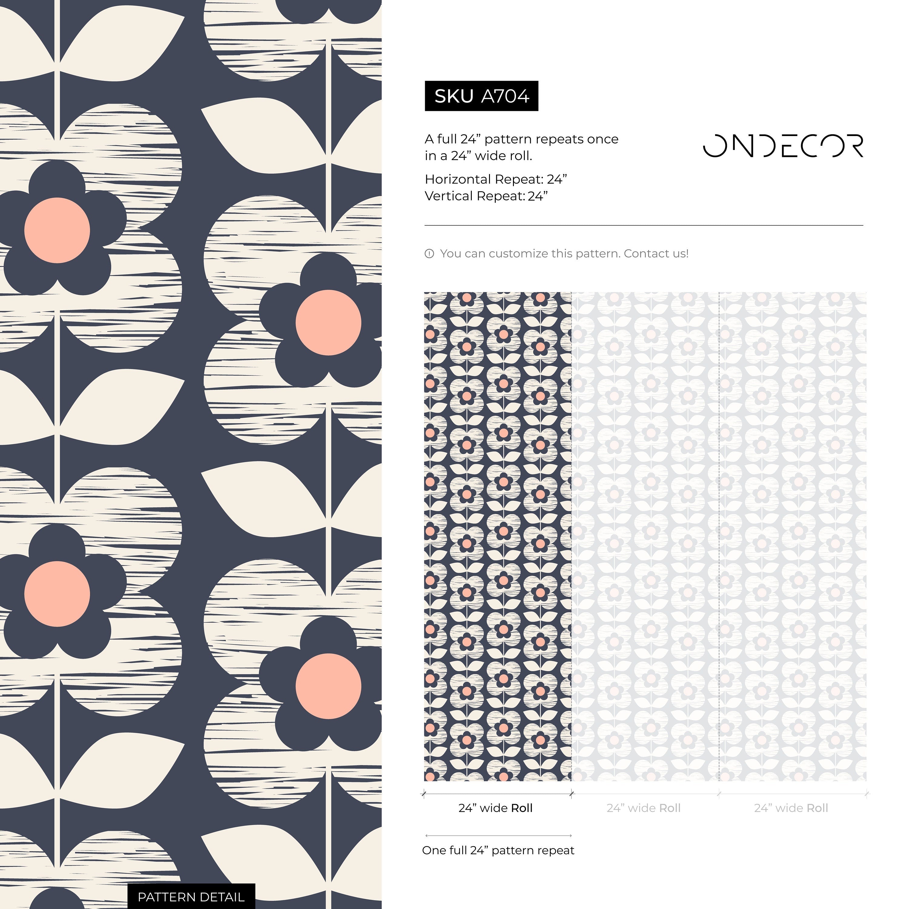 Scandinavian Wallpaper With A Retro Floral Motif In Navy, Beige, And Pink - A704