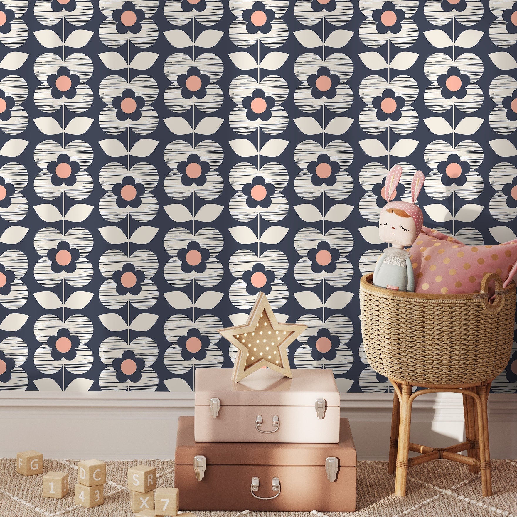 Scandinavian Wallpaper With A Retro Floral Motif In Navy, Beige, And Pink - A704