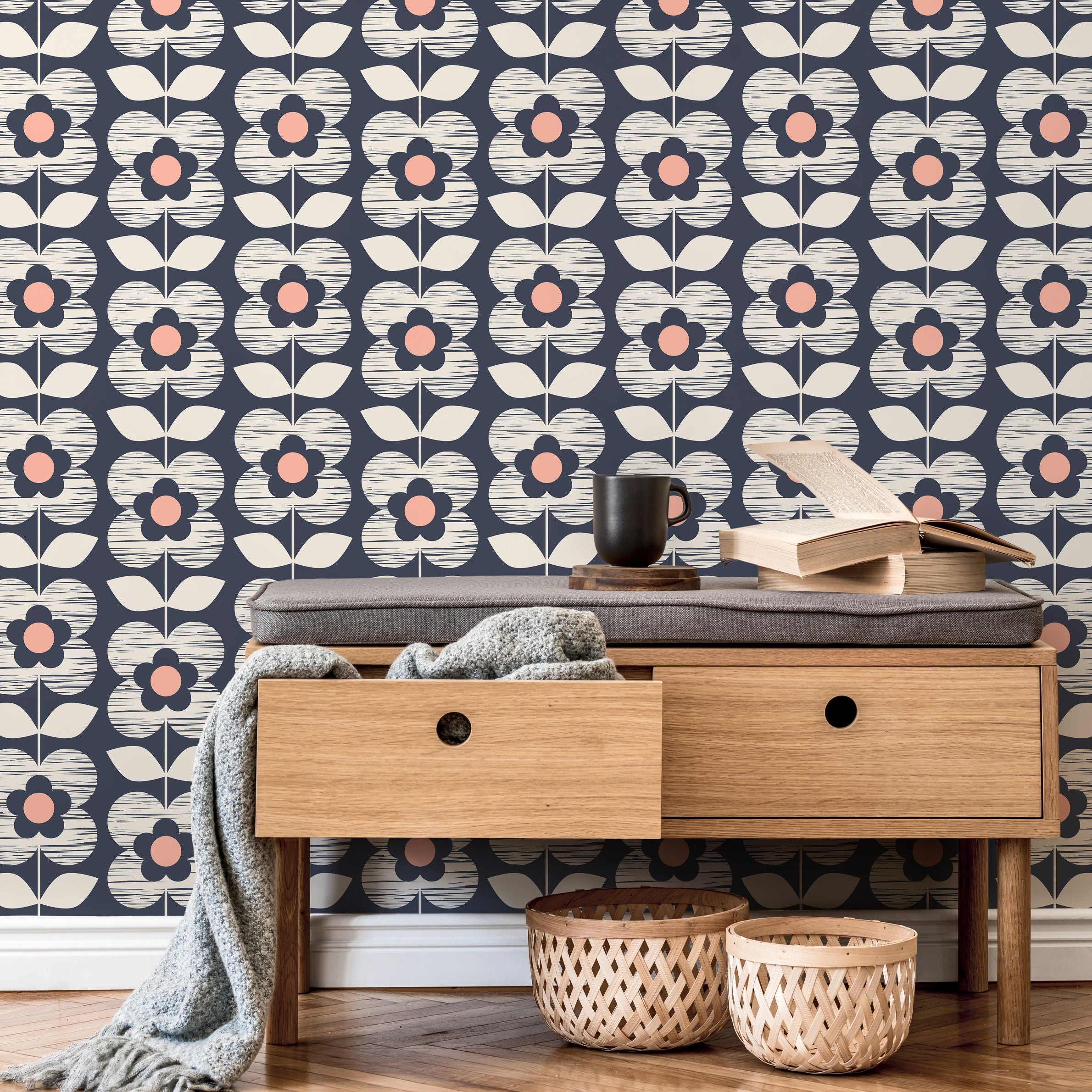 Scandinavian Wallpaper With A Retro Floral Motif In Navy, Beige, And Pink - A704