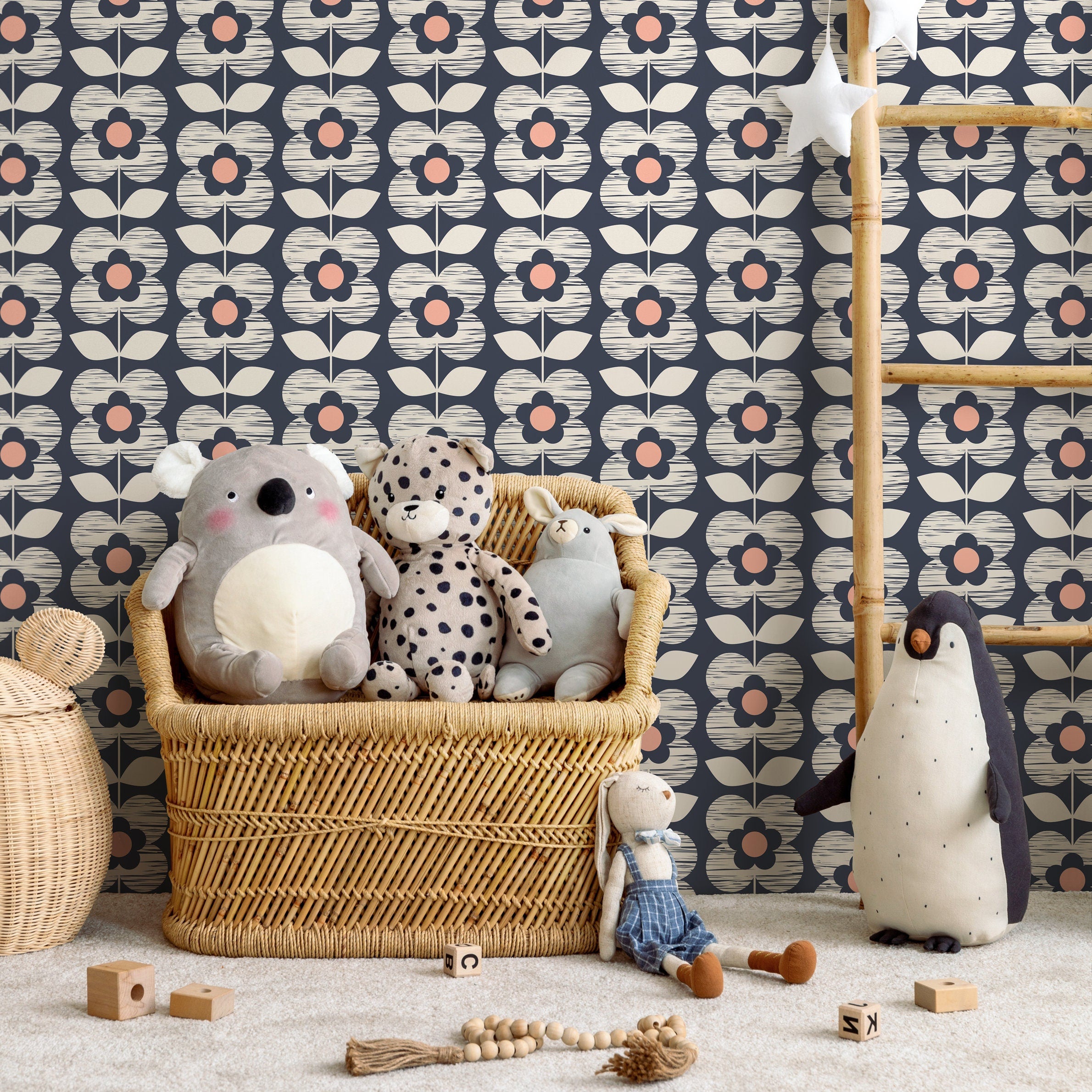 Scandinavian Wallpaper With A Retro Floral Motif In Navy, Beige, And Pink - A704